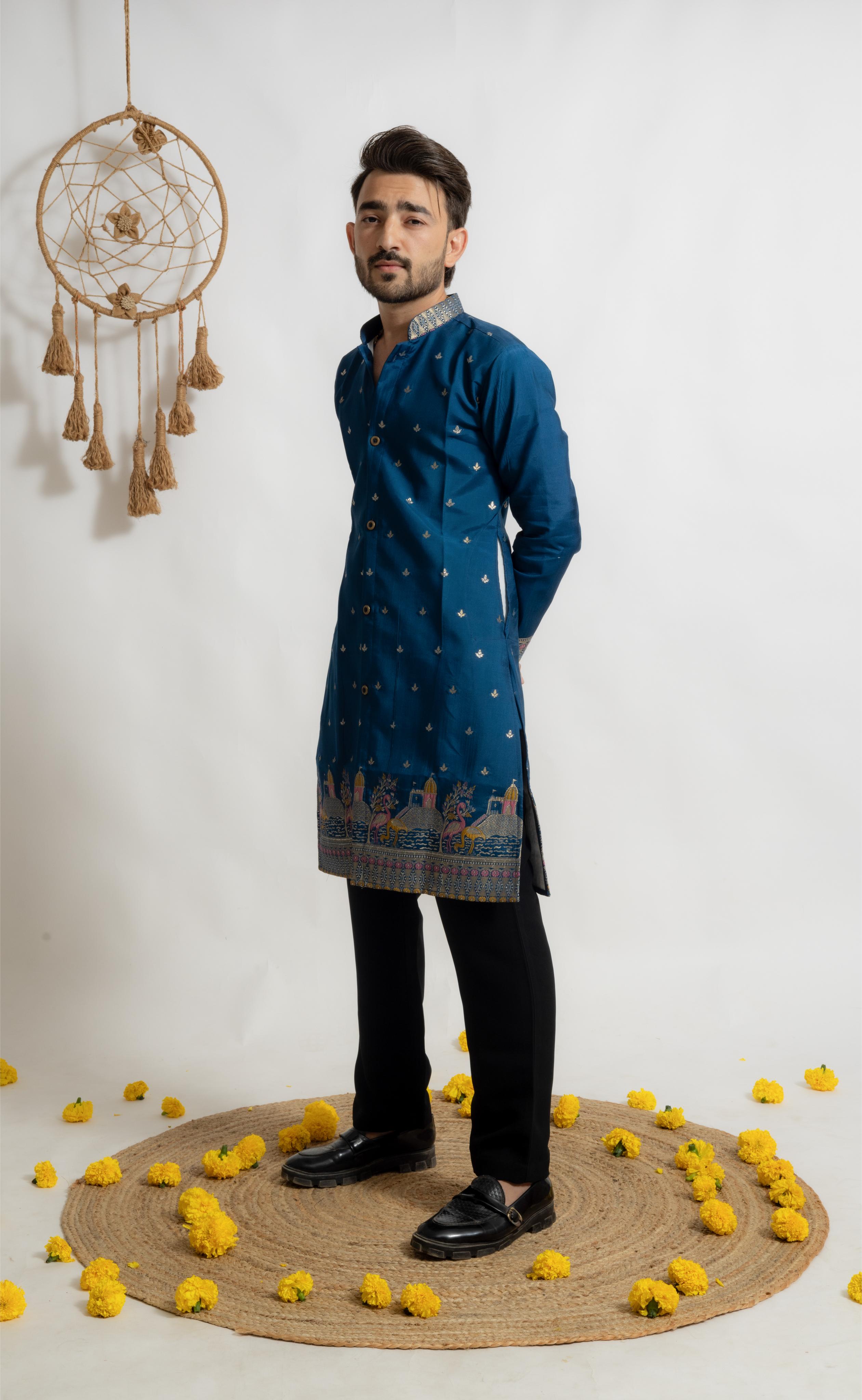 DARK BLUE FLAMINGO FUSION DESIGNER INDO-KURTA