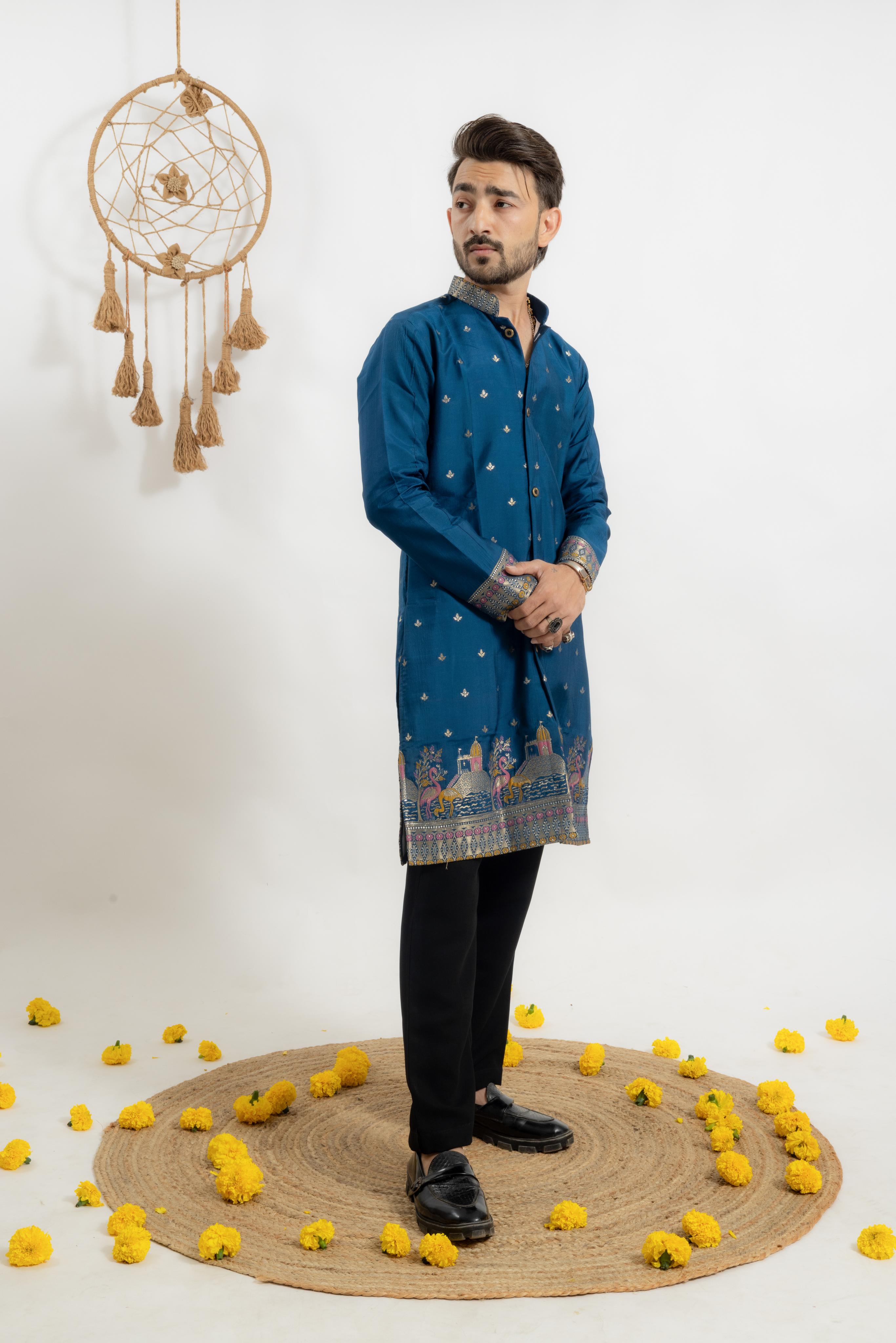 DARK BLUE FLAMINGO FUSION DESIGNER INDO-KURTA
