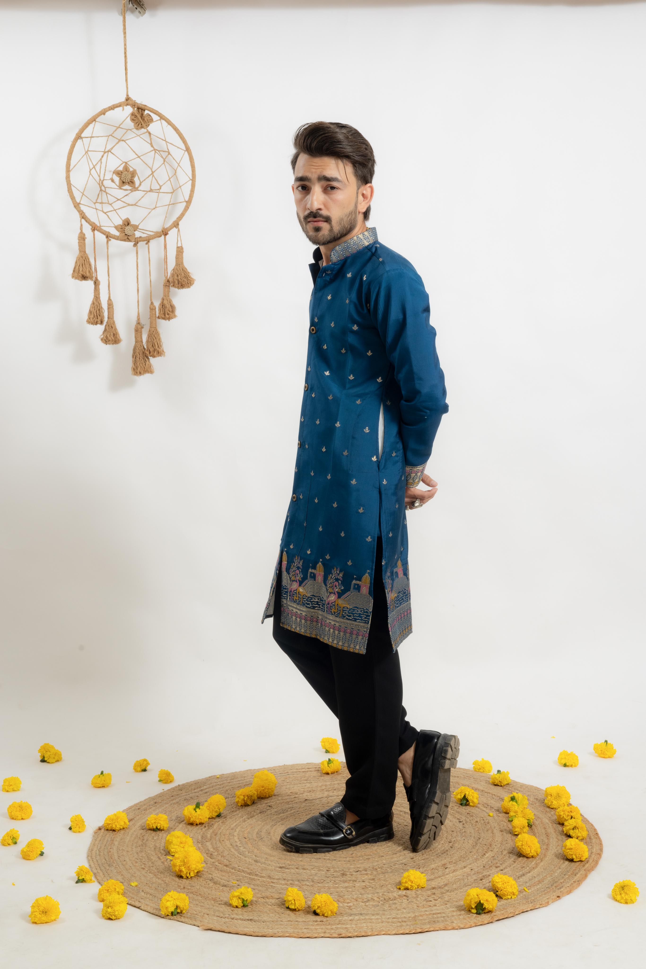 DARK BLUE FLAMINGO FUSION DESIGNER INDO-KURTA