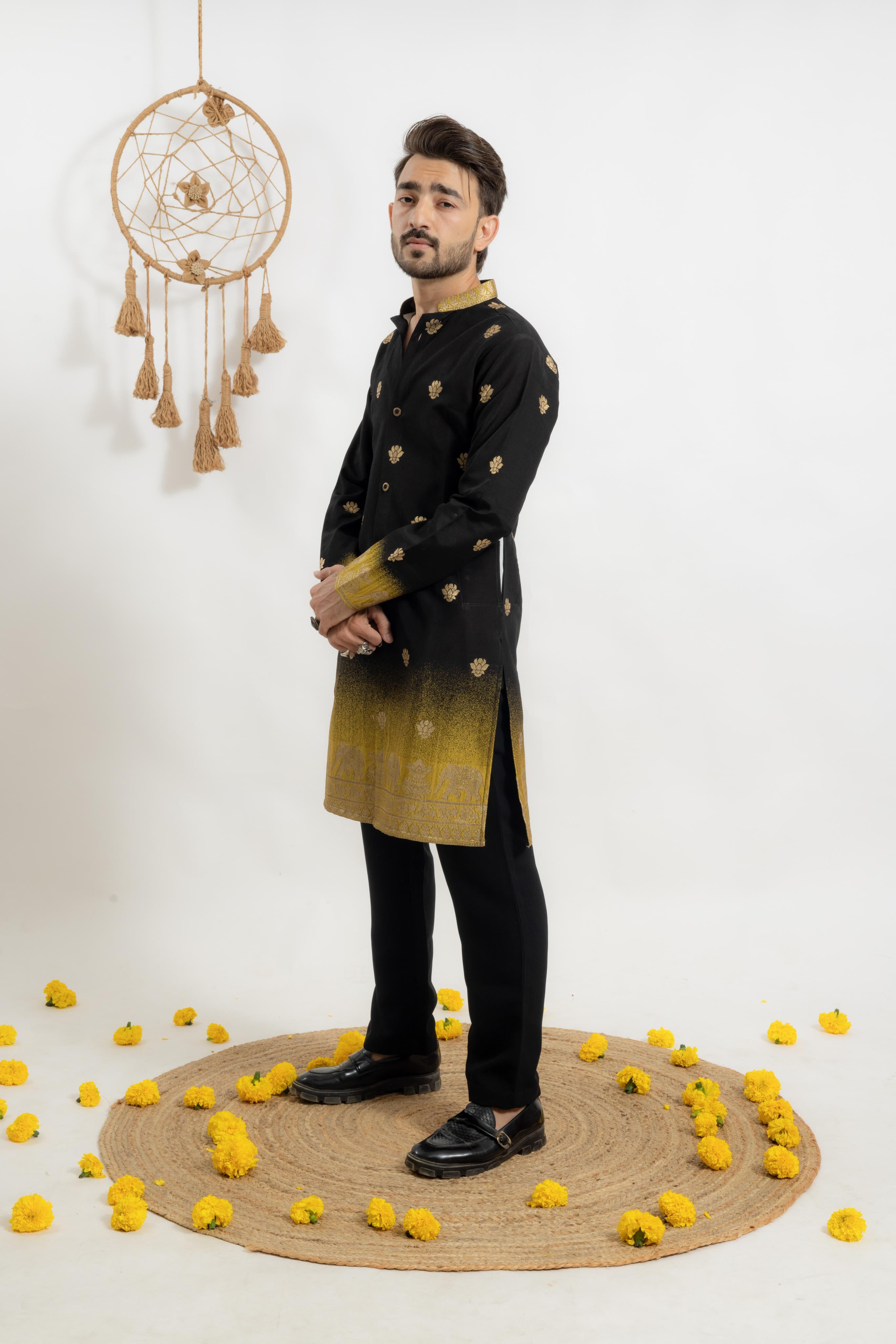 BLACK YELLOW FADE REGAL ELEPHANT WEAVE JACQUARD KURTA