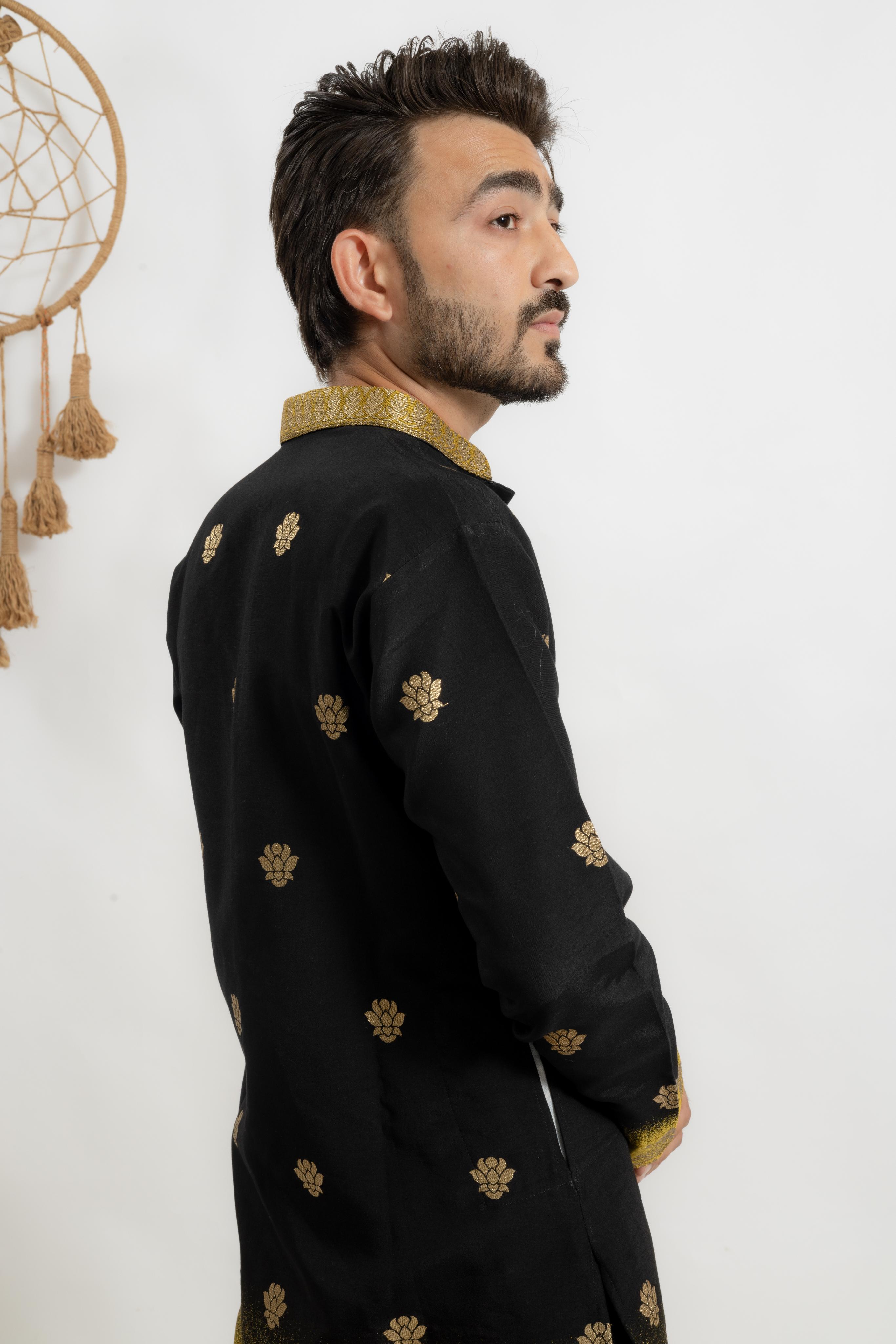 BLACK YELLOW FADE REGAL ELEPHANT WEAVE JACQUARD KURTA