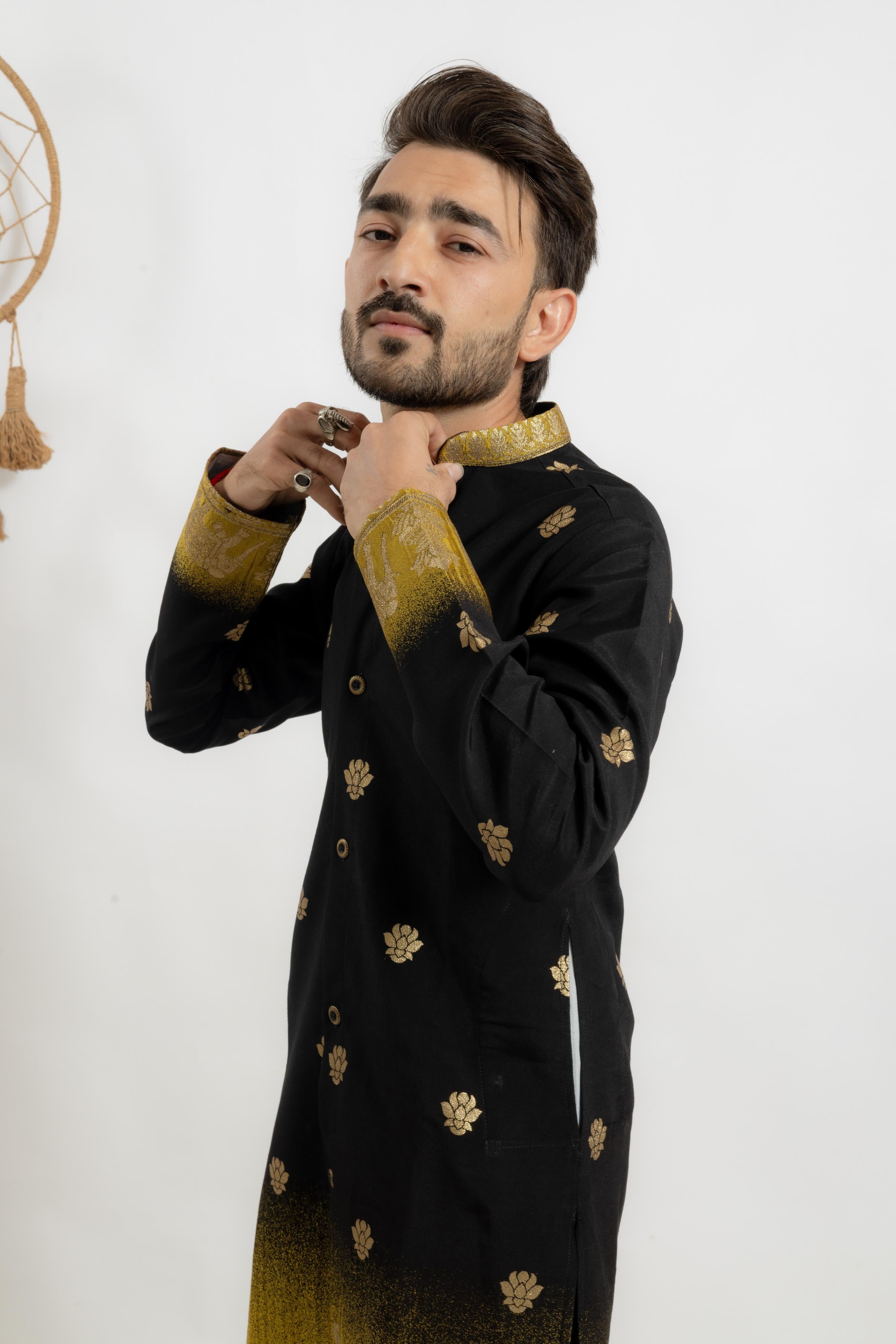 BLACK YELLOW FADE REGAL ELEPHANT WEAVE JACQUARD KURTA