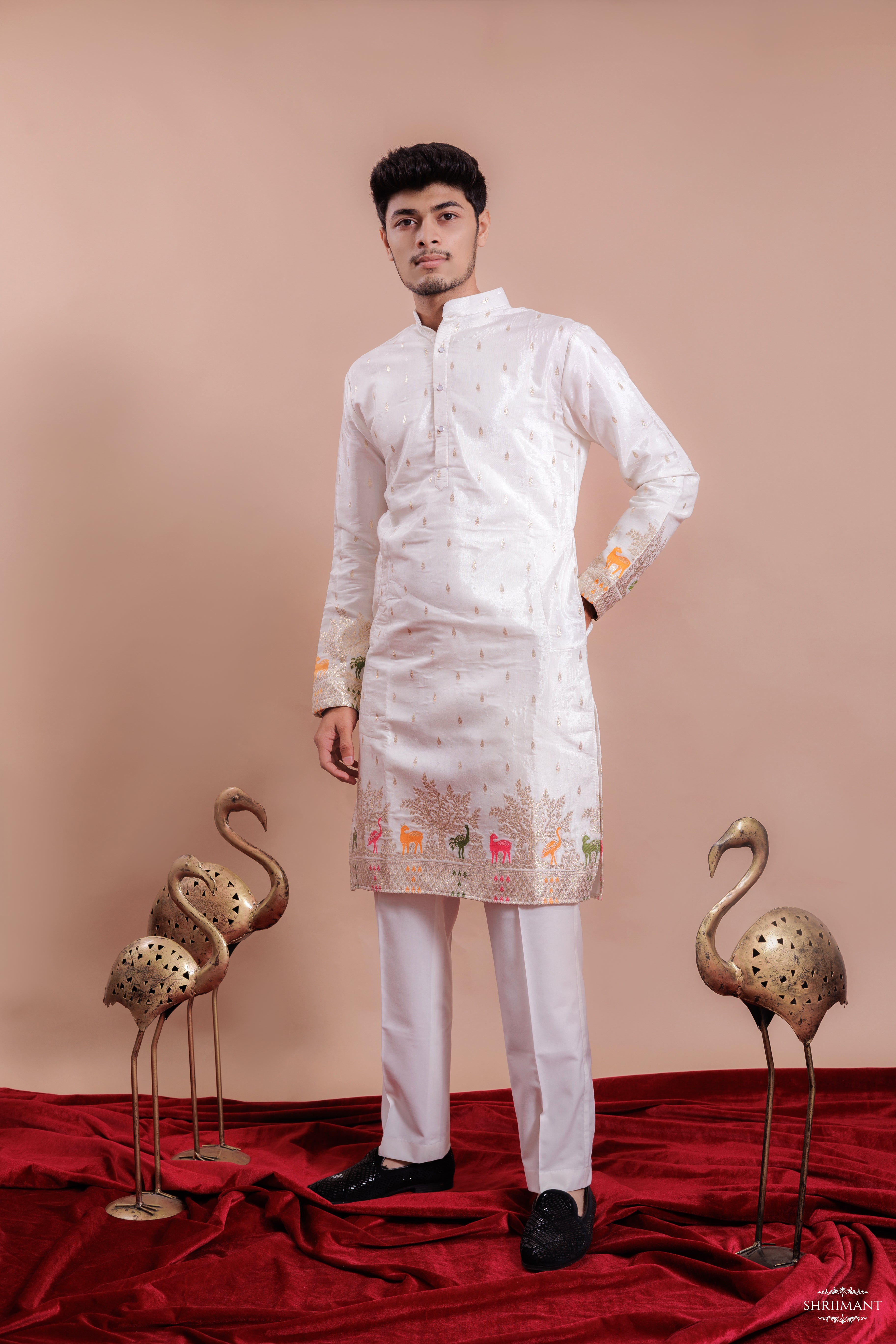 WHITE ANIMAL PATTERN JACQUARD DESIGNER KURTA