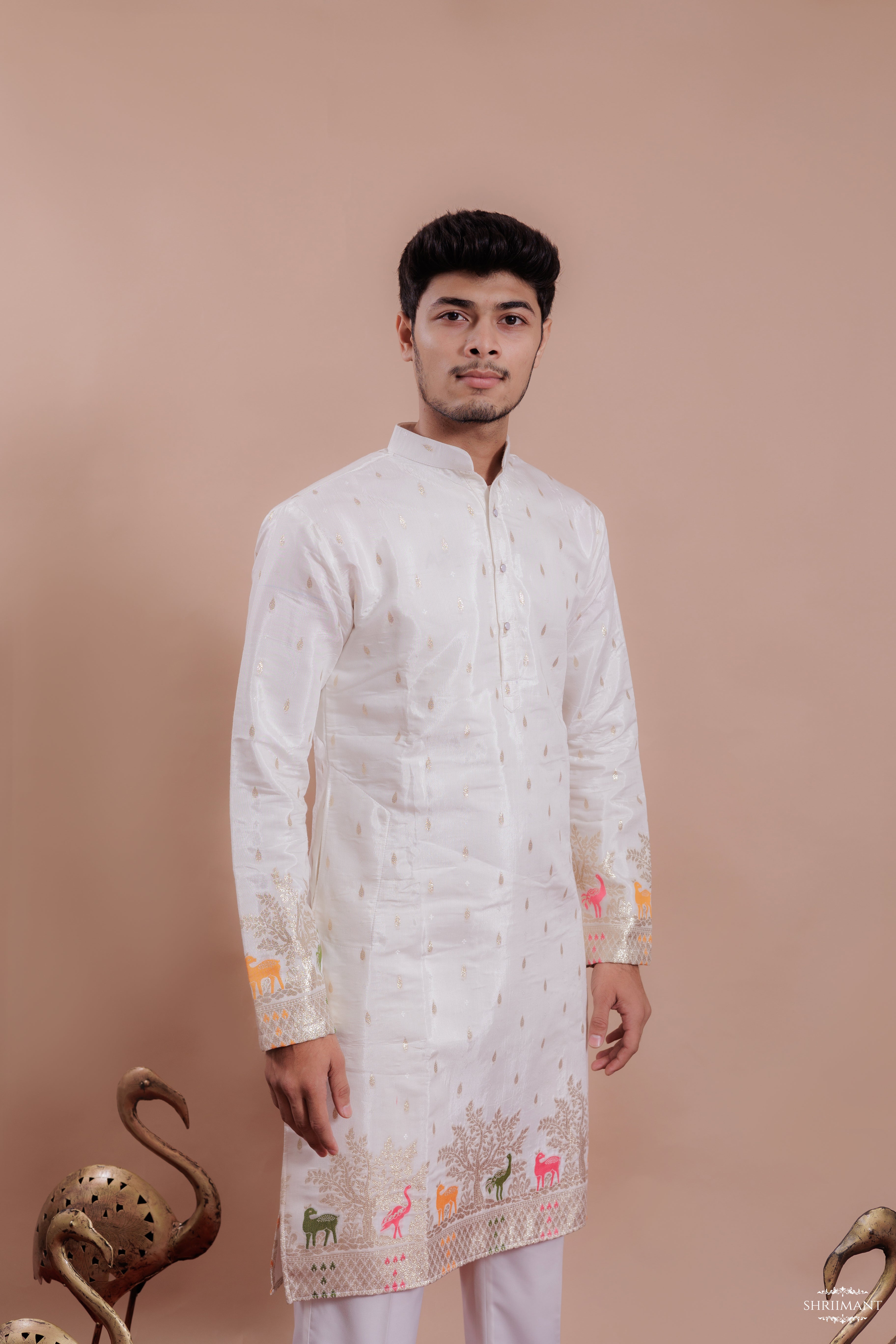 WHITE ANIMAL PATTERN JACQUARD DESIGNER KURTA