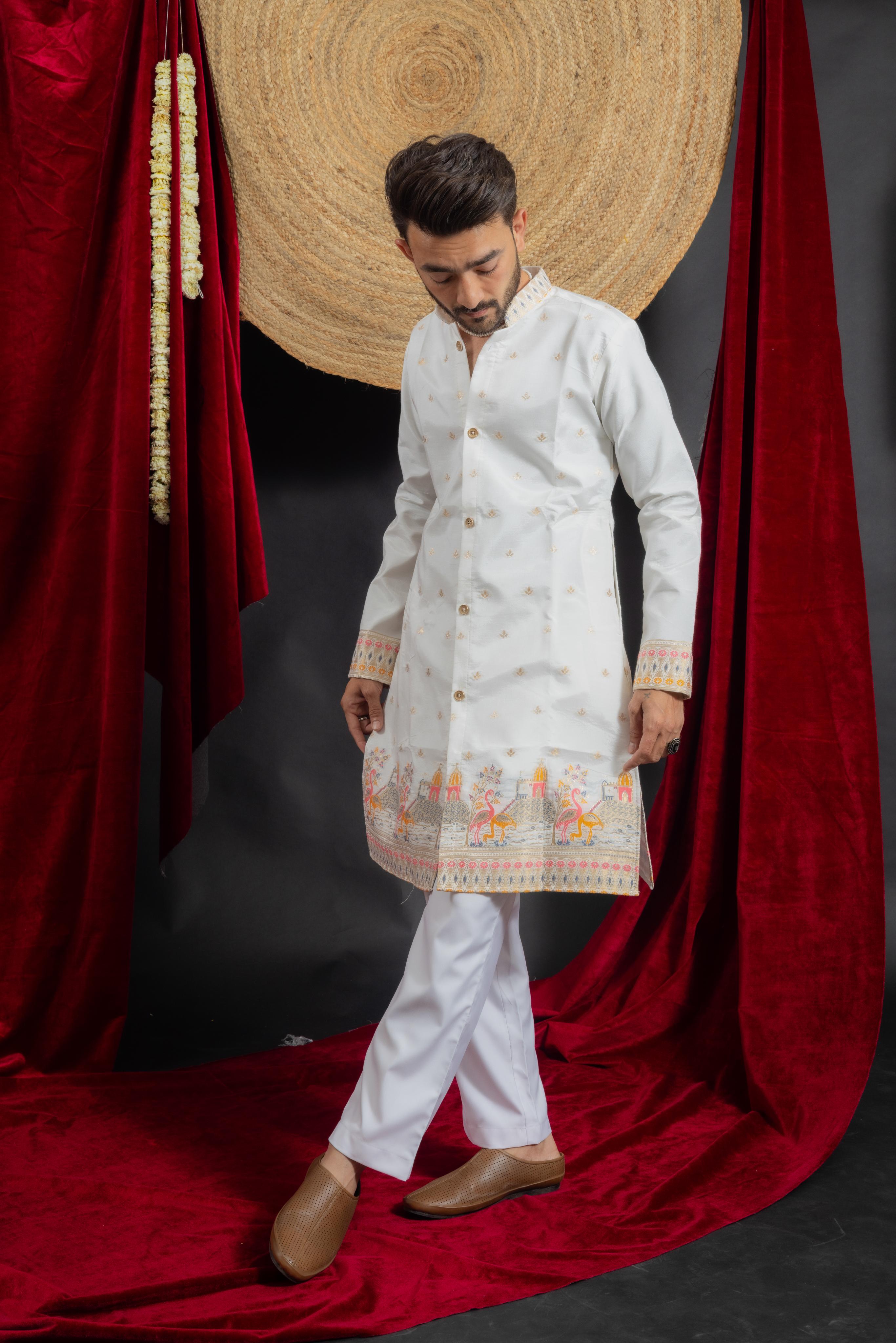 WHITE FLAMINGO FUSION JACQUARD DESIGNER KURTA