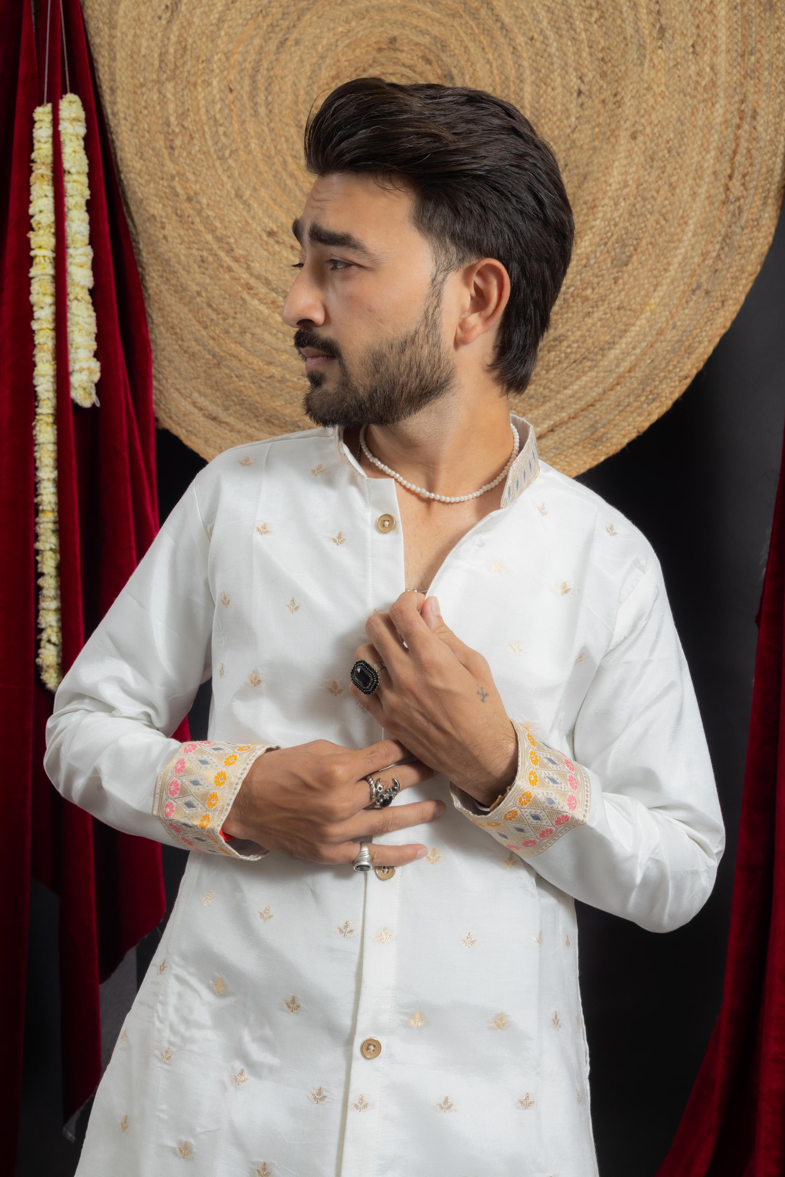 WHITE FLAMINGO FUSION JACQUARD DESIGNER KURTA