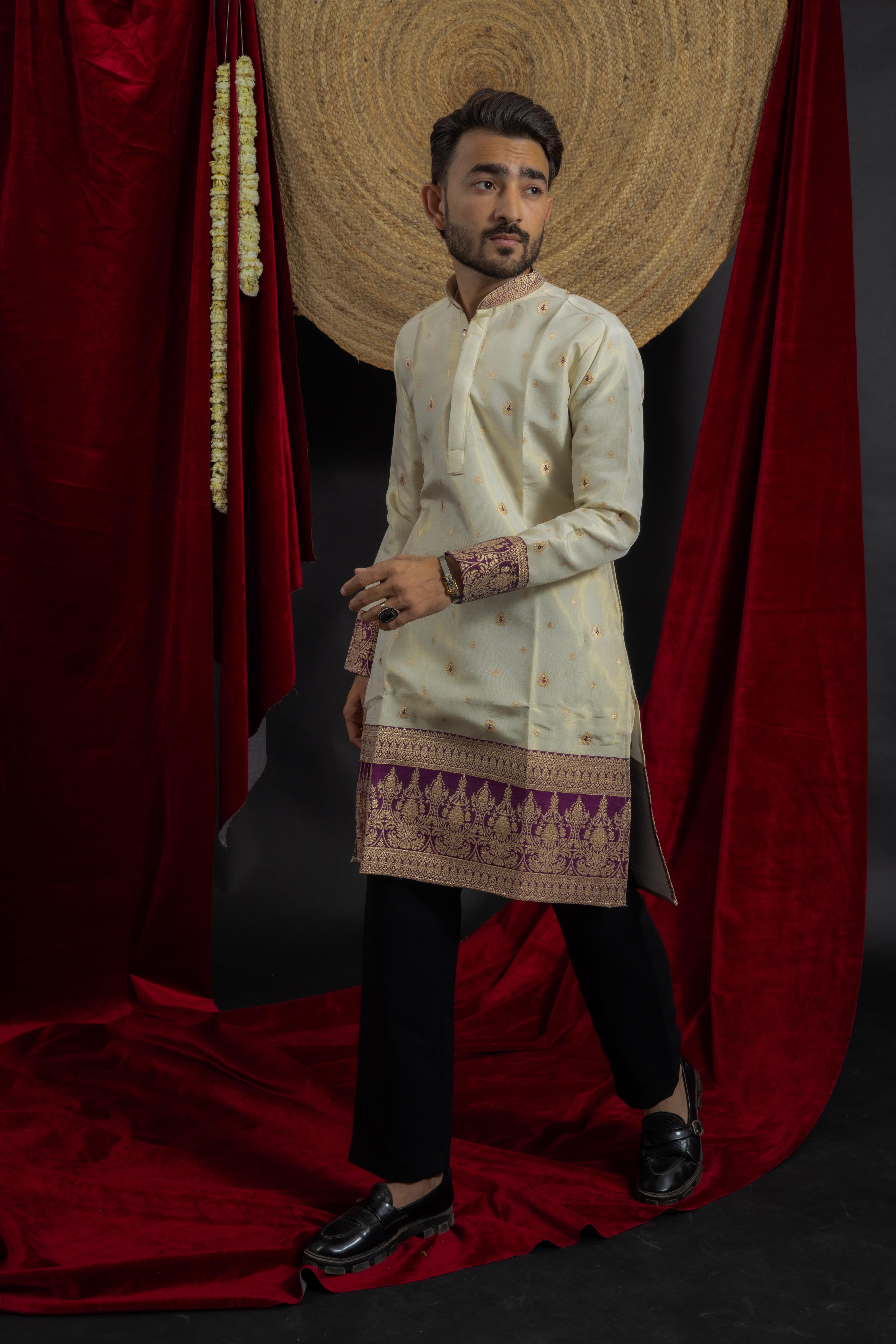PURPLE KANJIVARAM BORDER IVORY JACQUARD DESIGNER KURTA