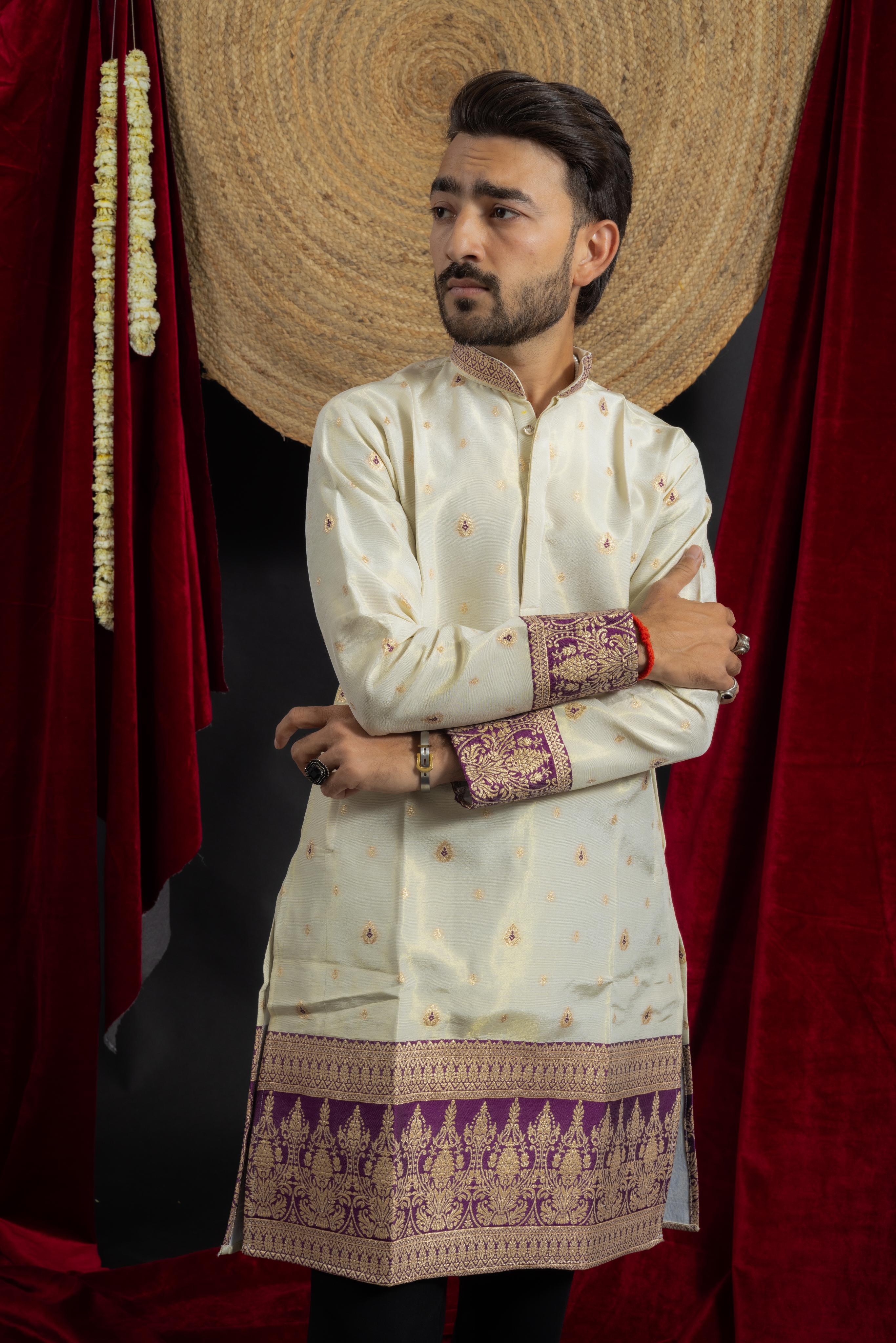 PURPLE KANJIVARAM BORDER IVORY JACQUARD DESIGNER KURTA