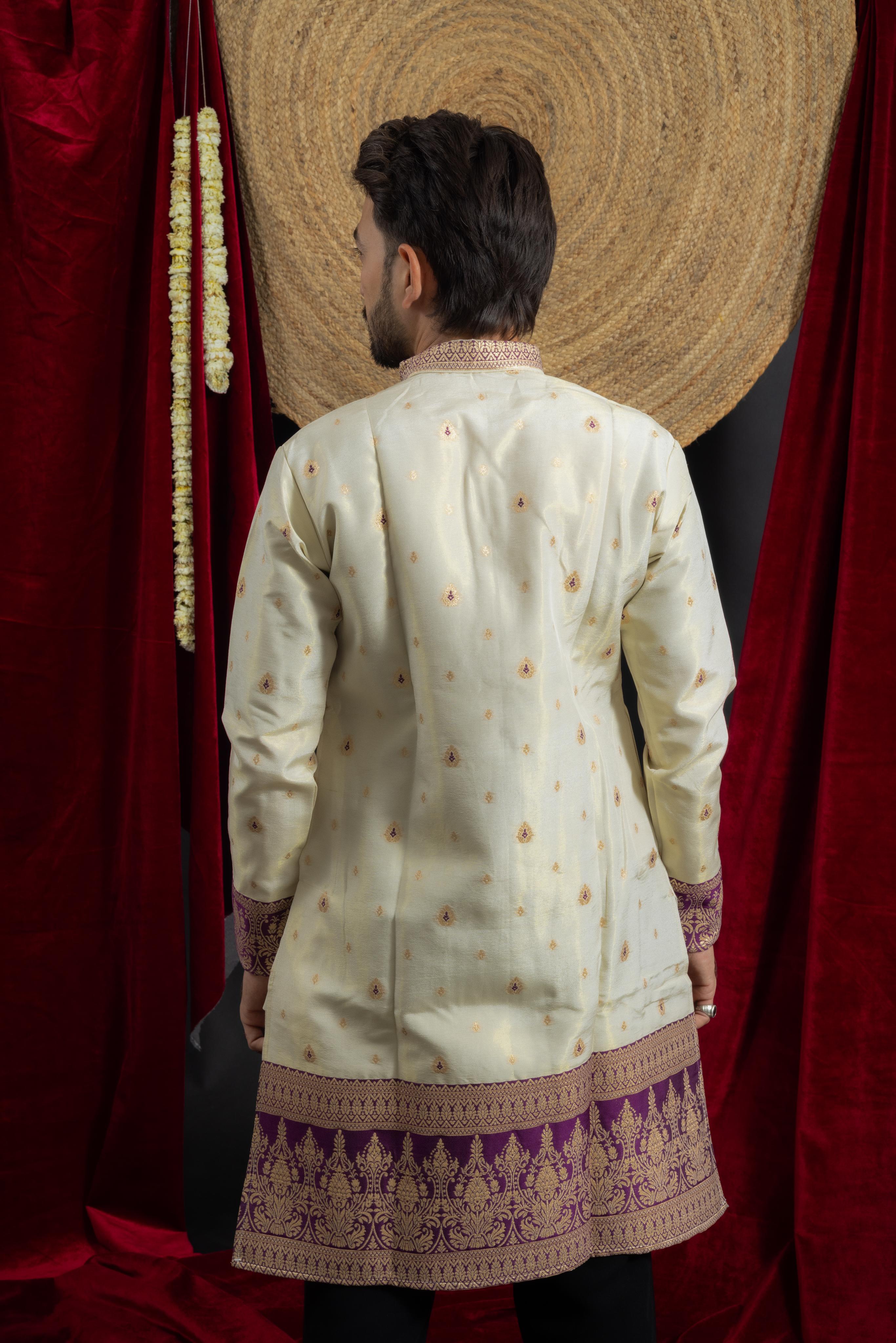 PURPLE KANJIVARAM BORDER IVORY JACQUARD DESIGNER KURTA