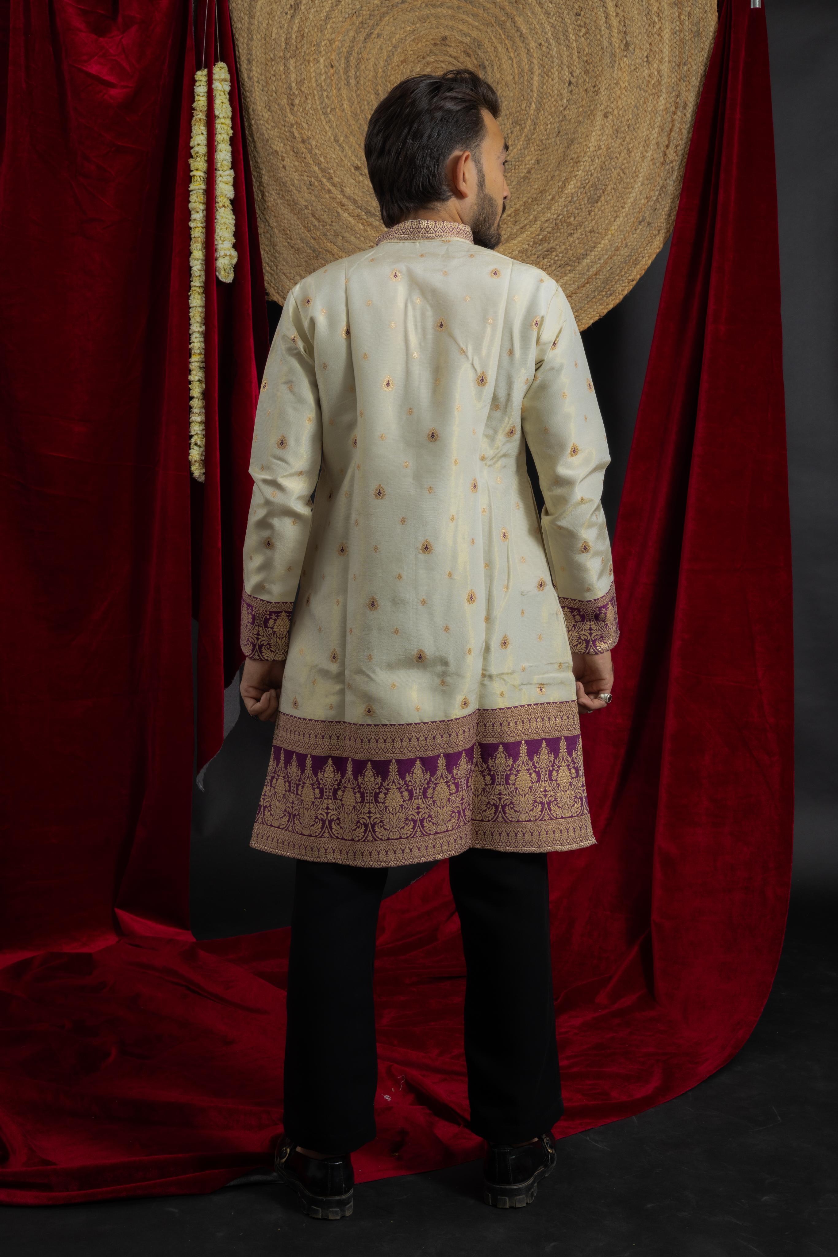 PURPLE KANJIVARAM BORDER IVORY JACQUARD DESIGNER KURTA
