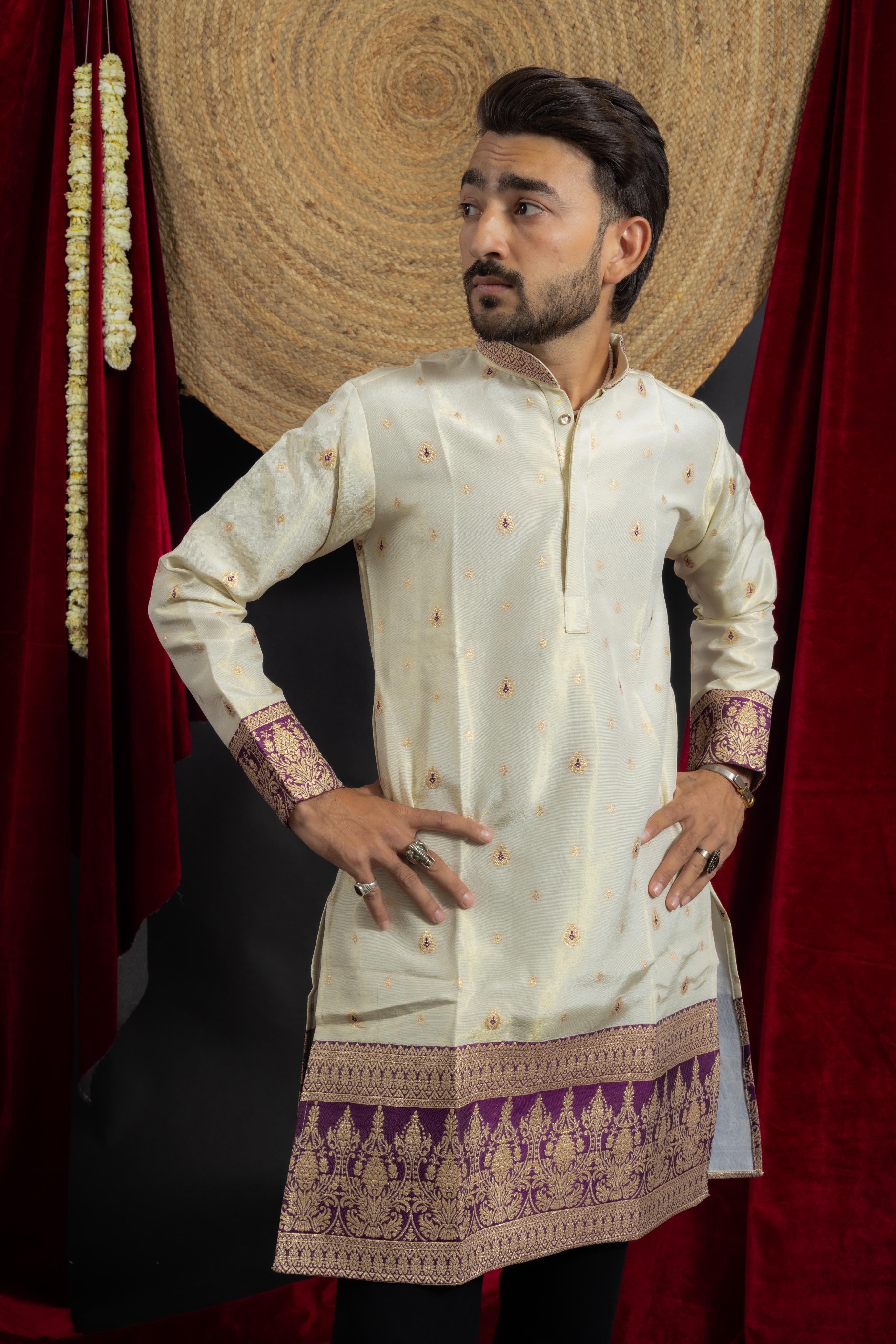 PURPLE KANJIVARAM BORDER IVORY JACQUARD DESIGNER KURTA