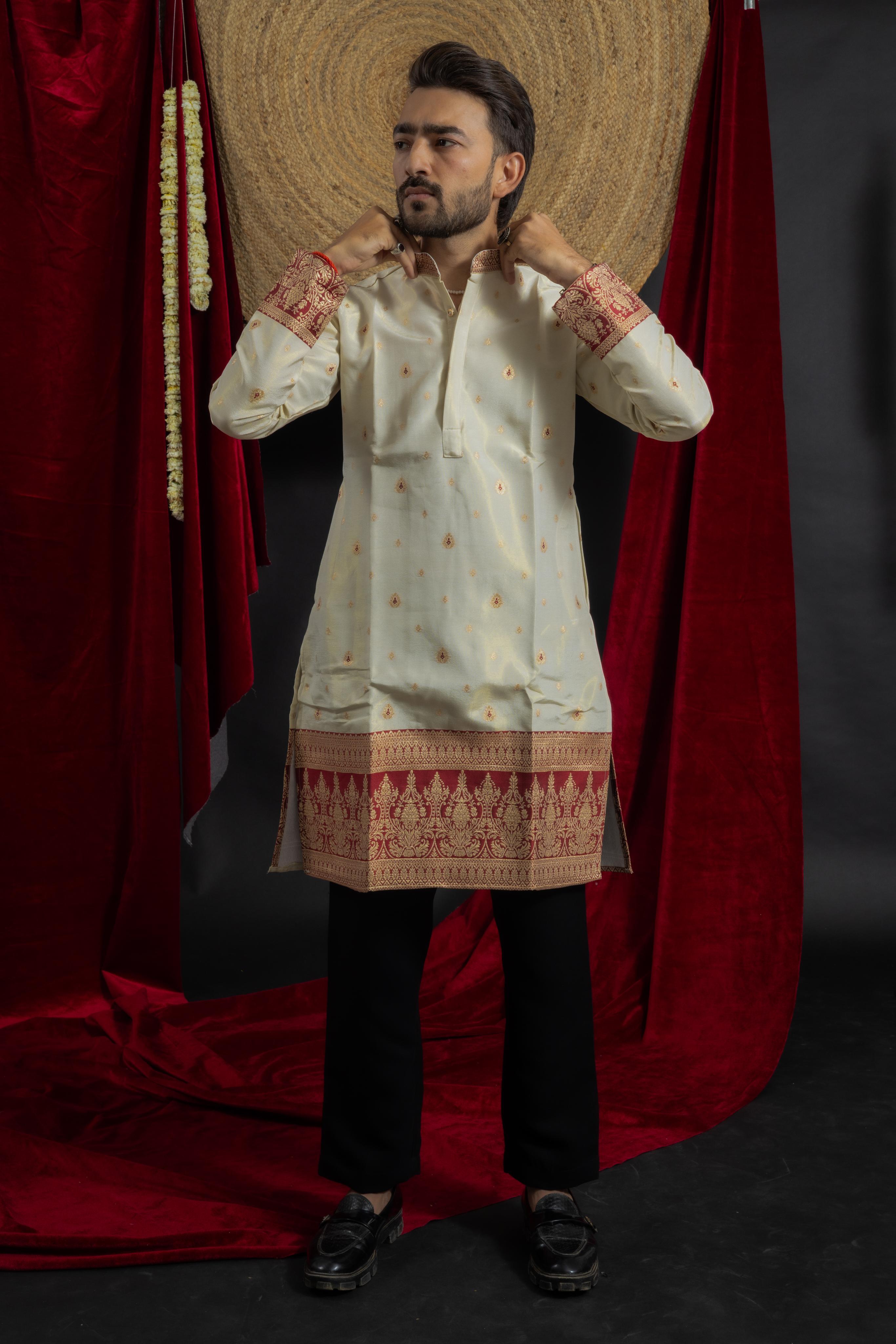 MAROON KANJIVARAM BORDER IVORY JACQUARD DESIGNER KURTA