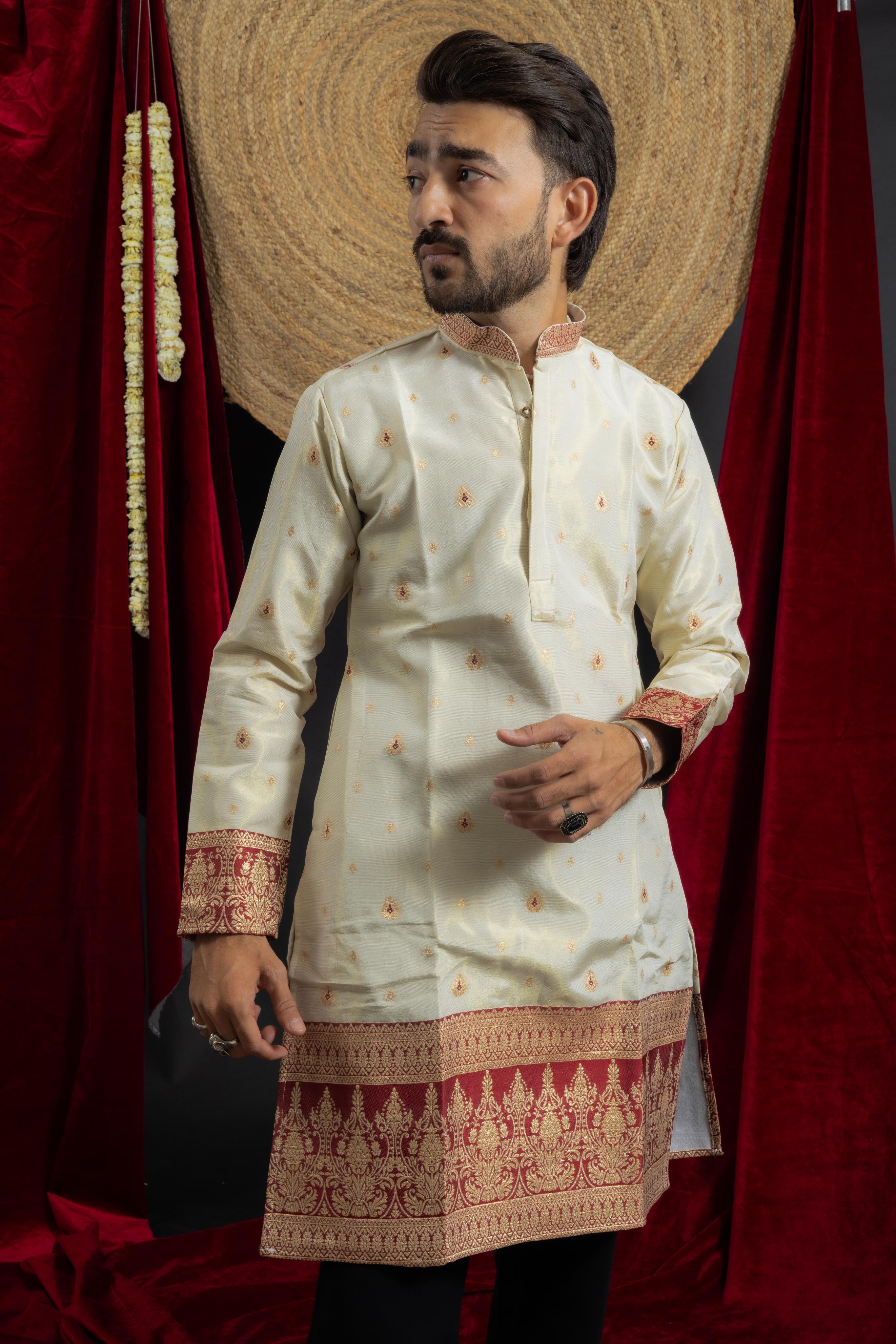 MAROON KANJIVARAM BORDER IVORY JACQUARD DESIGNER KURTA