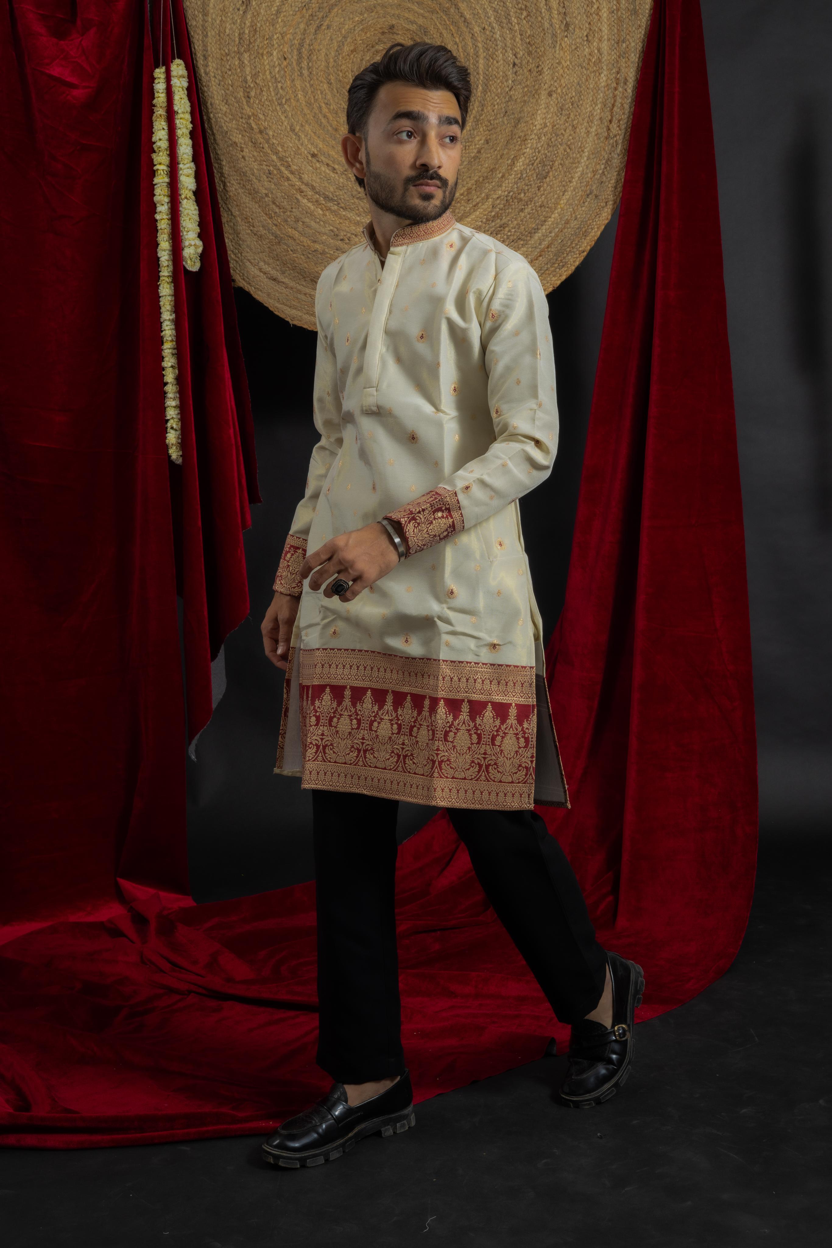 MAROON KANJIVARAM BORDER IVORY JACQUARD DESIGNER KURTA
