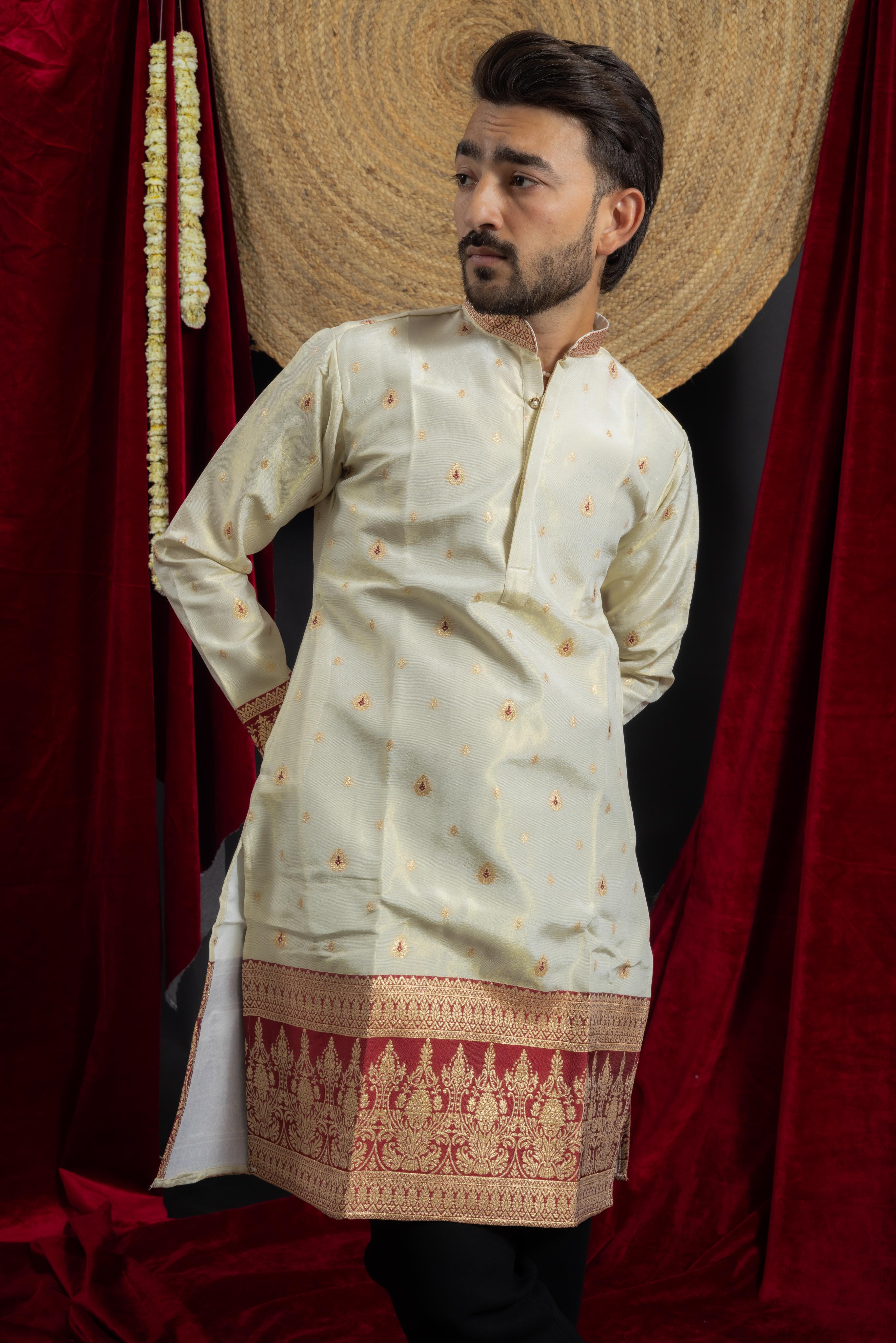MAROON KANJIVARAM BORDER IVORY JACQUARD DESIGNER KURTA
