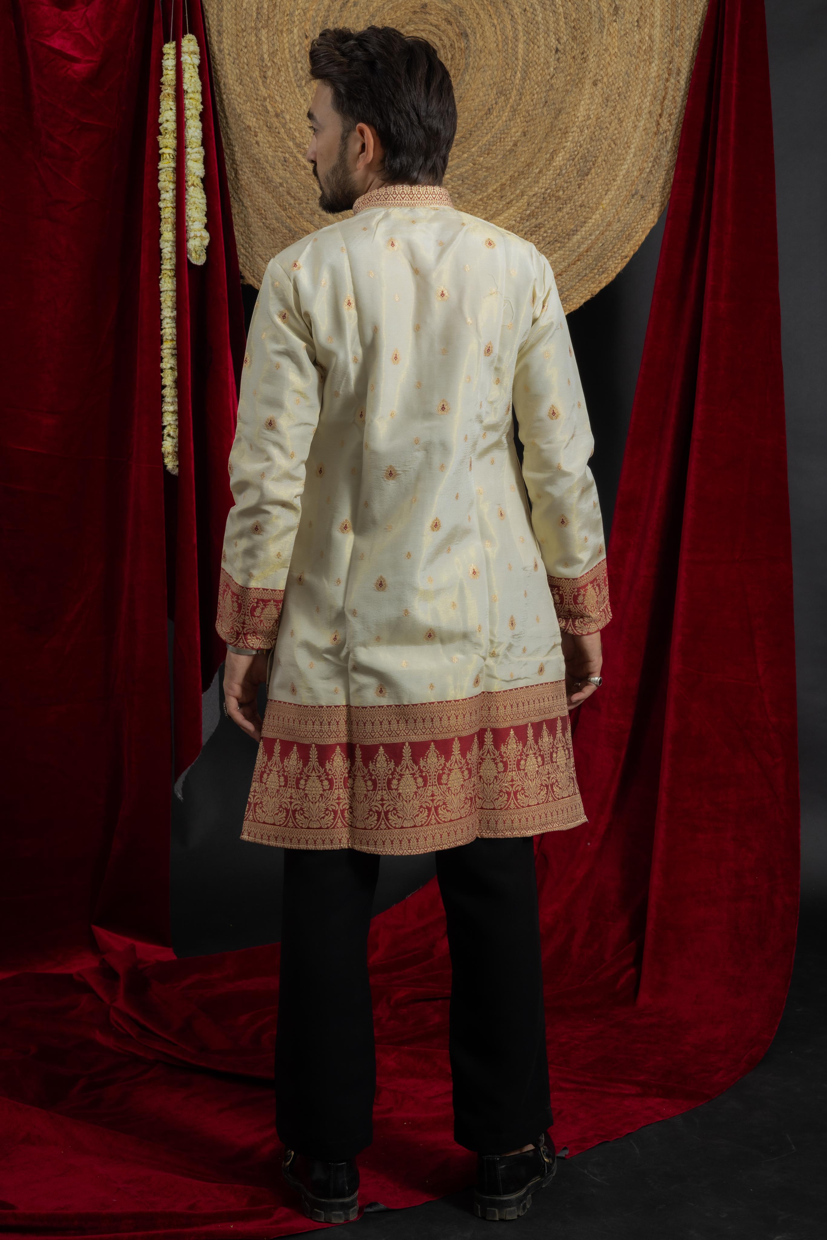 MAROON KANJIVARAM BORDER IVORY JACQUARD DESIGNER KURTA