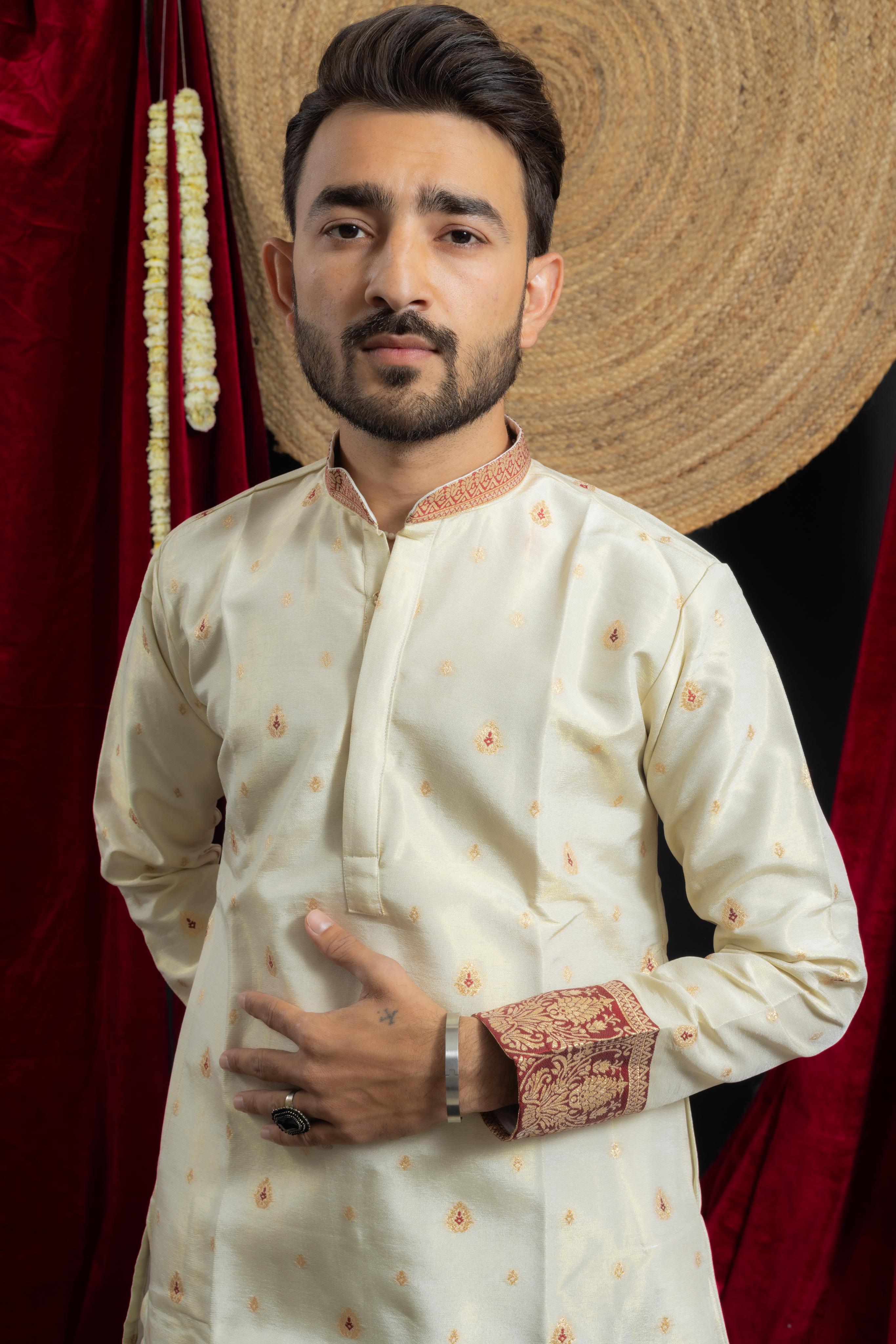 MAROON KANJIVARAM BORDER IVORY JACQUARD DESIGNER KURTA