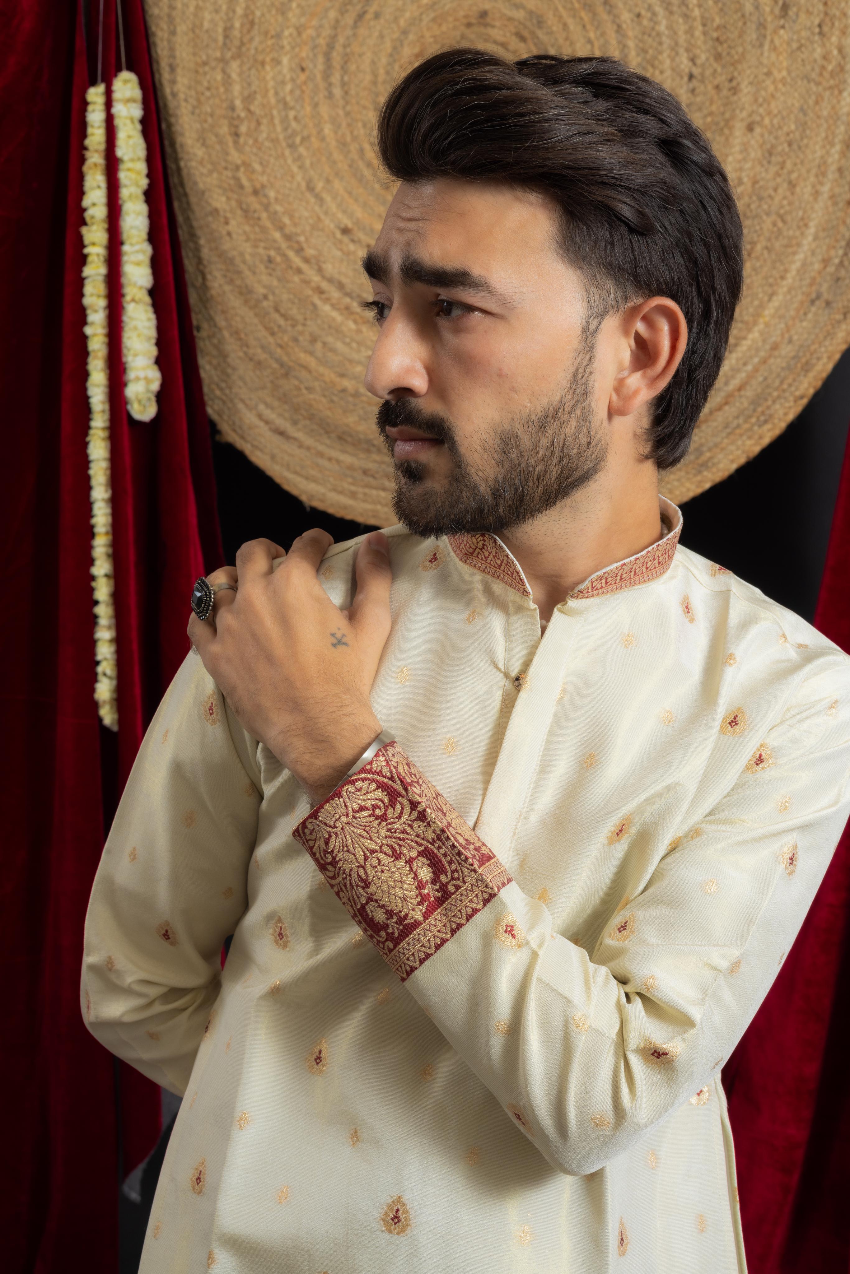 MAROON KANJIVARAM BORDER IVORY JACQUARD DESIGNER KURTA