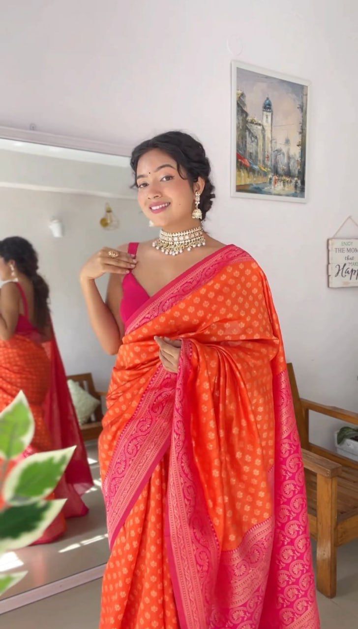 1 MIN Ready To Wear Orange Butti Saree