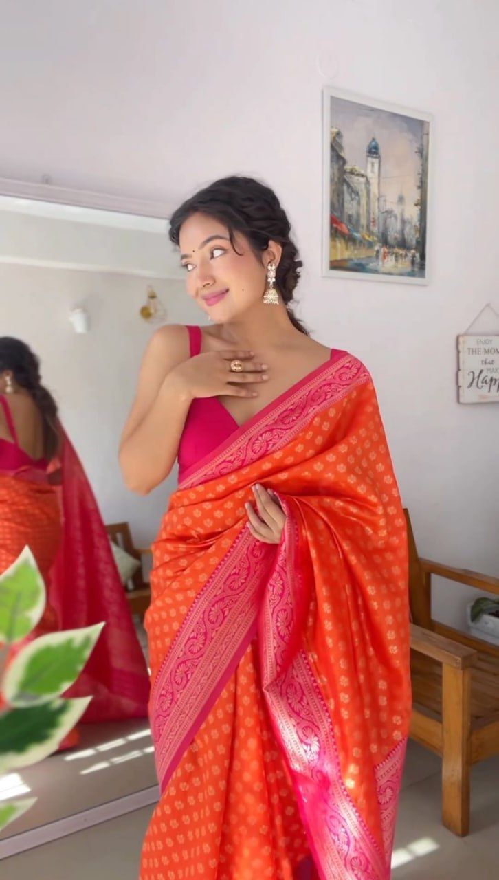 1 MIN Ready To Wear Orange Butti Saree