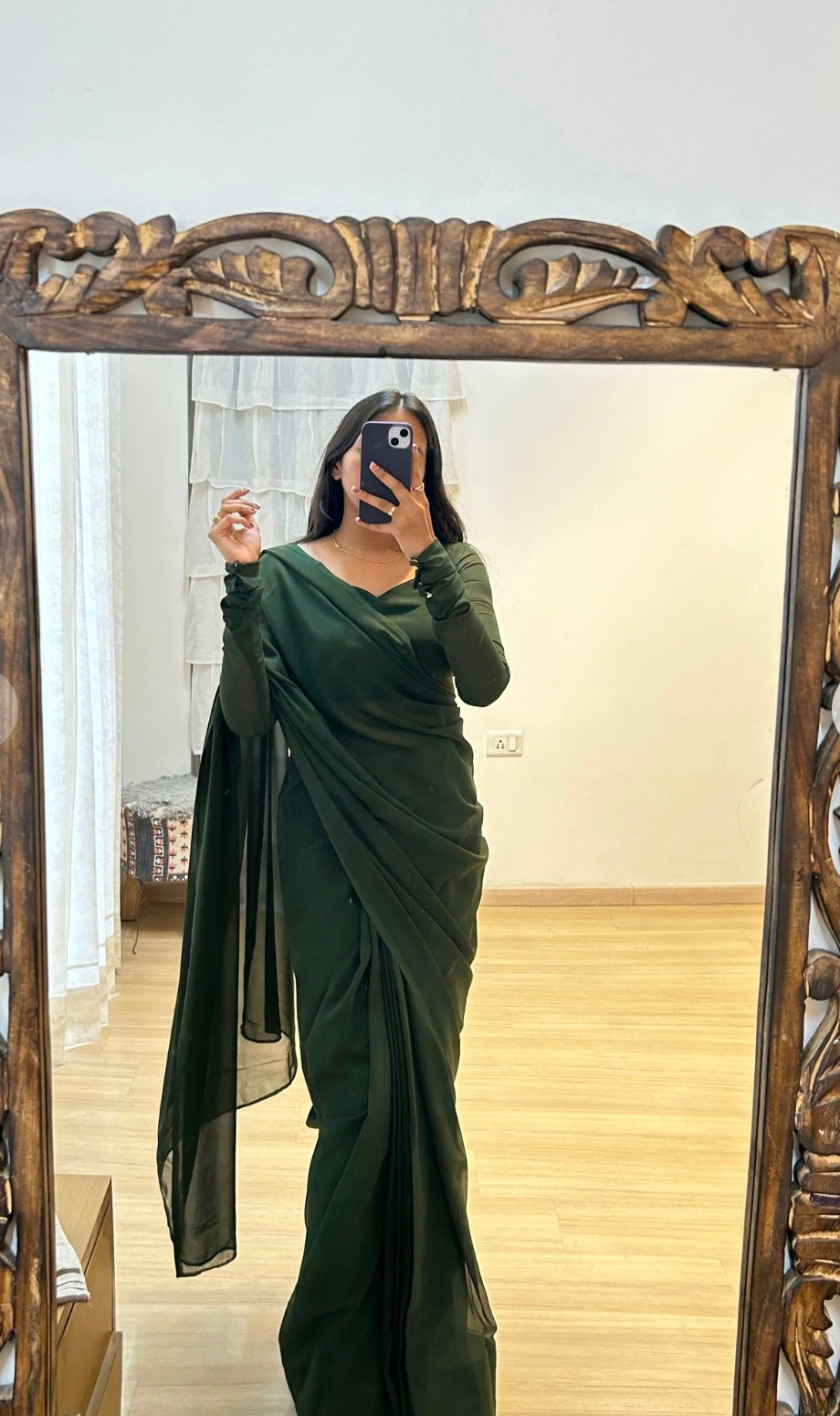 1 Min Ready to Wear Dark Green Georgette Saree- Rubby