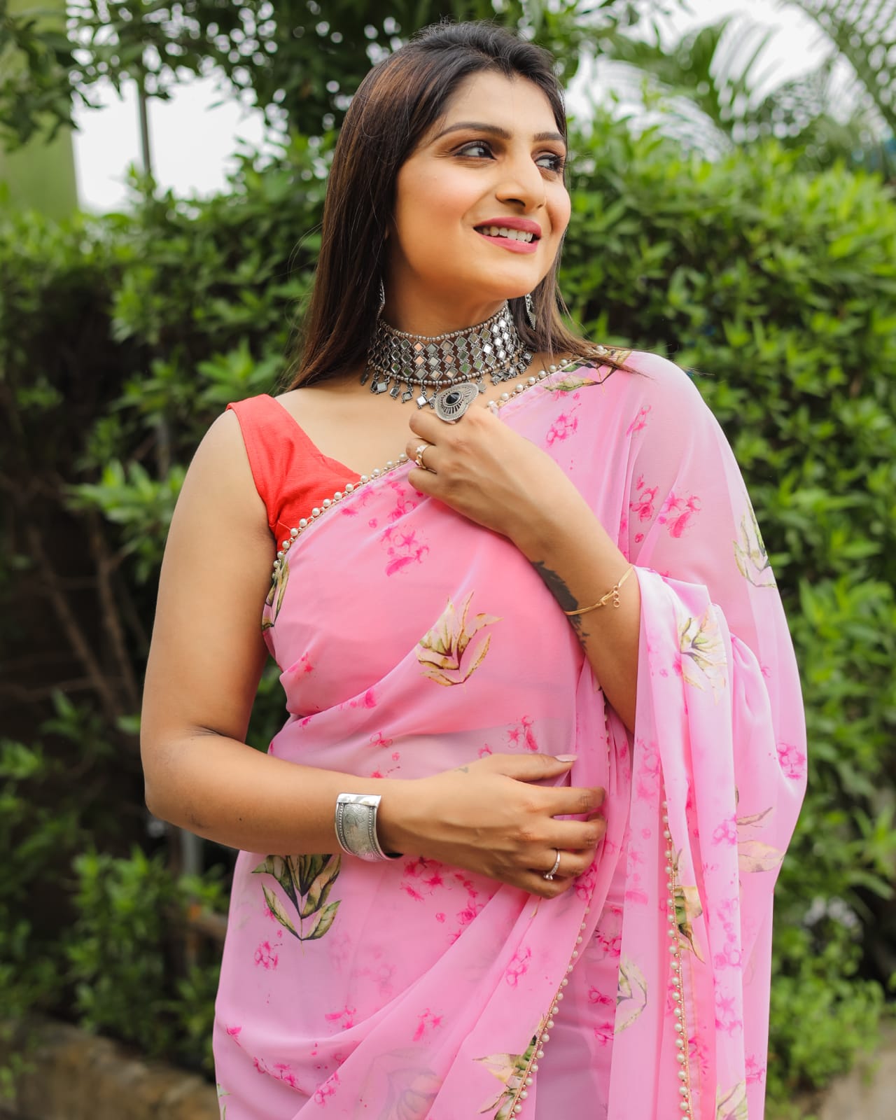 1 MIN Ready To Wear Rose printed Pink Saree - Rosemary Pink