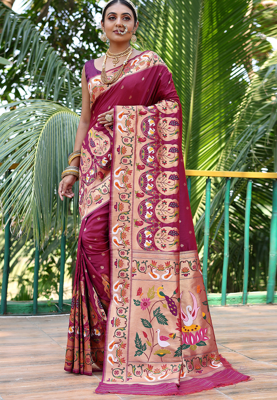 Wine Gitanjali Paithani Silk Woven Saree