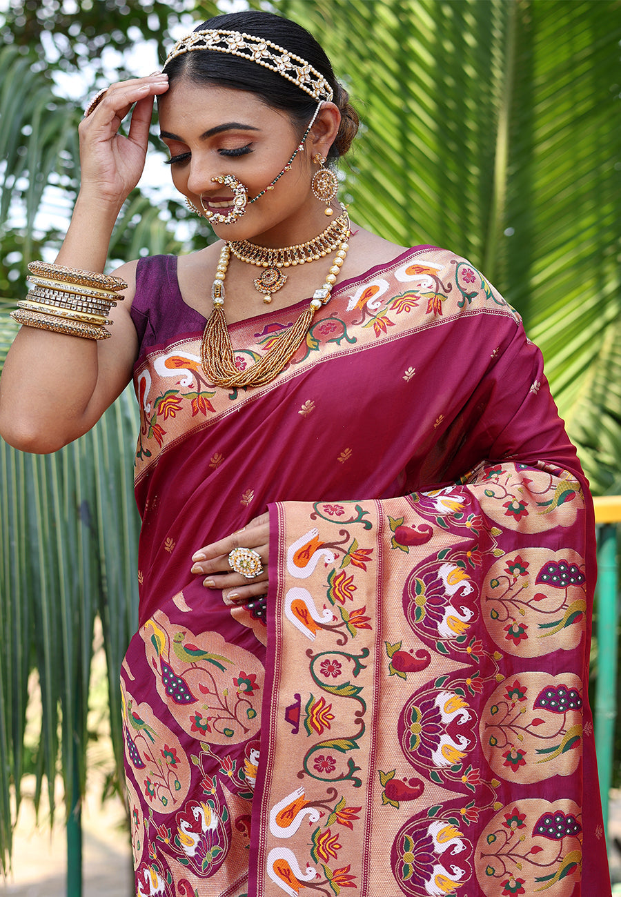 Wine Gitanjali Paithani Silk Woven Saree