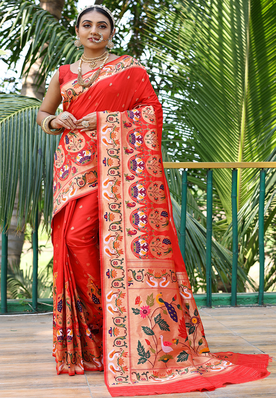 Red Gitanjali Paithani Silk Woven Saree