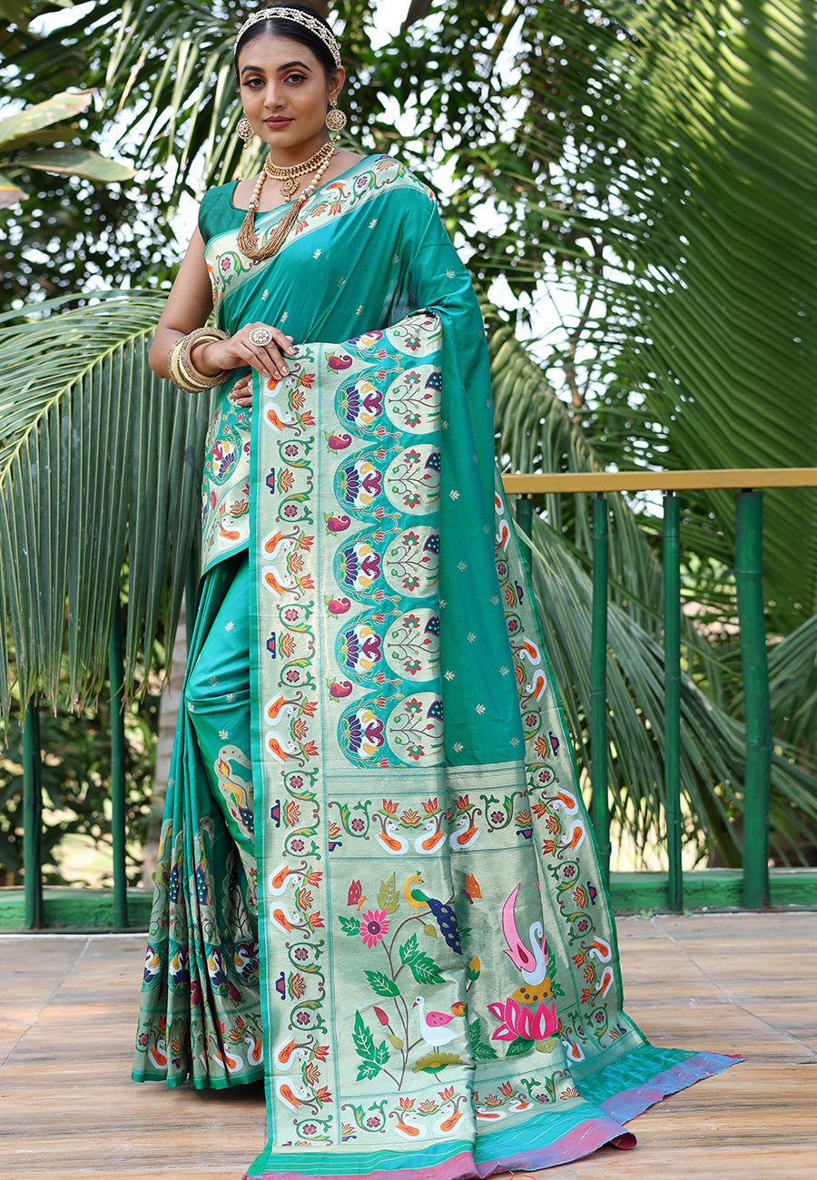 Cyan Blue Gitanjali Paithani Silk Woven Saree