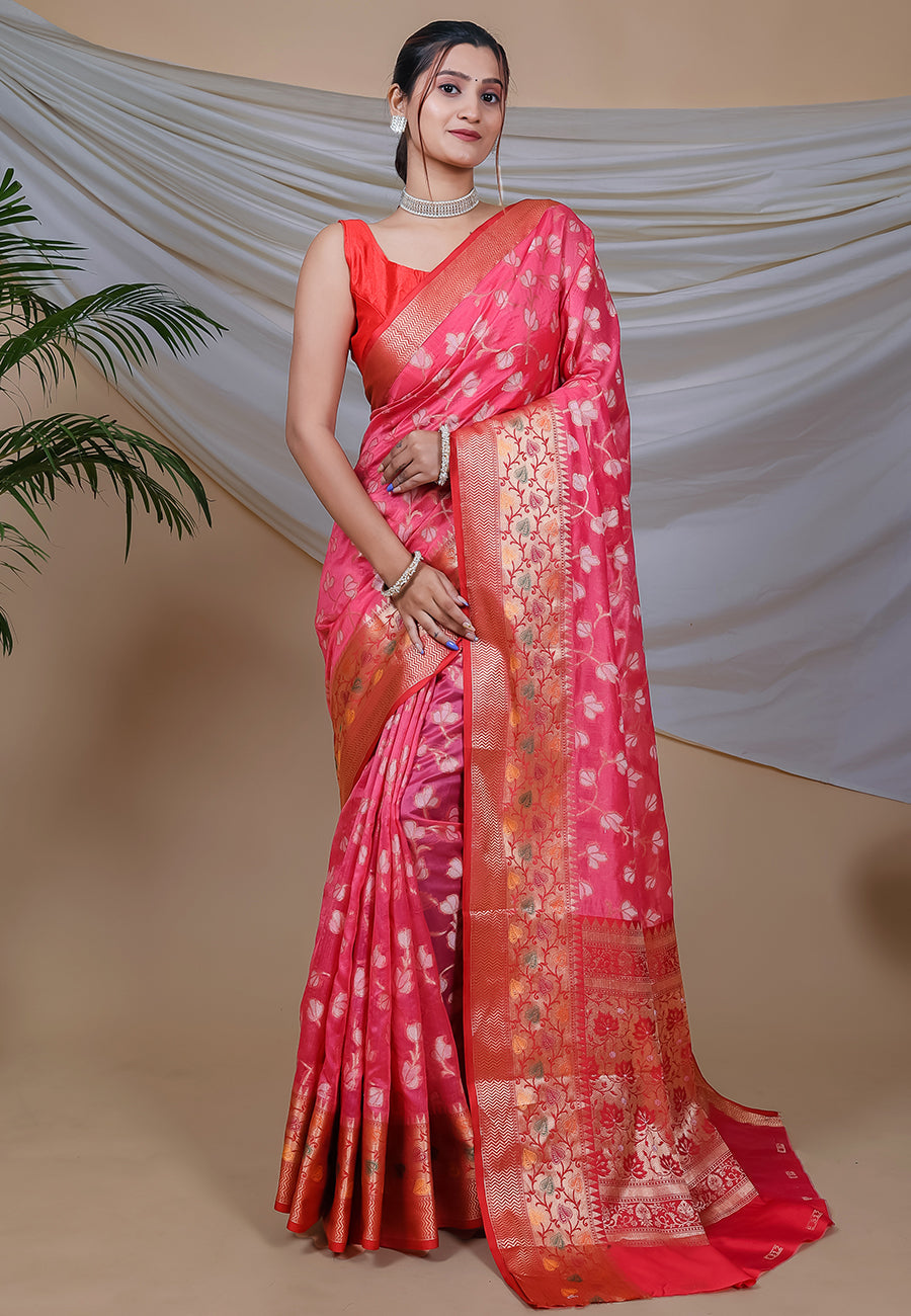 Pink Ekta Banarasi Organza Ethnic Motif Zari Woven Saree