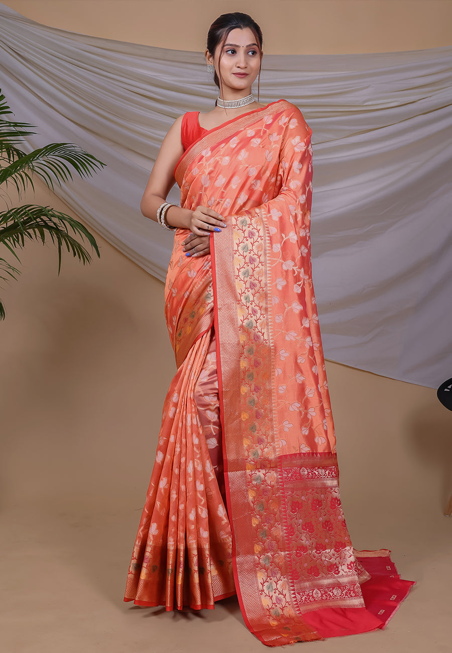 Peach Ekta Banarasi Organza Ethnic Motif Zari Woven Saree