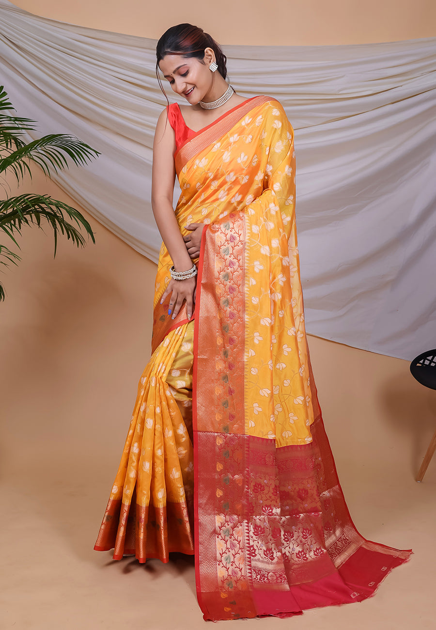 Yellow Ekta Banarasi Organza Ethnic Motif Zari Woven Saree