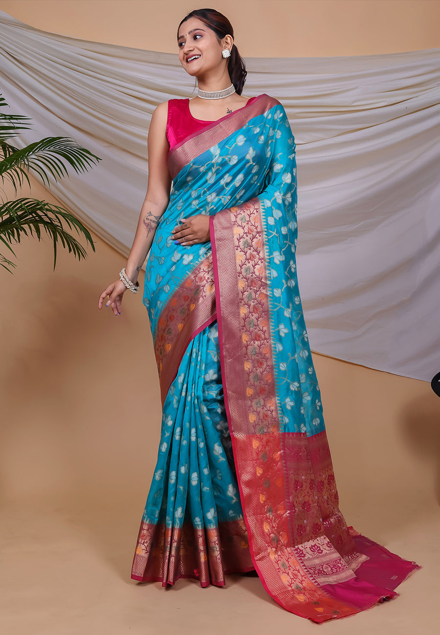 Pacific Blue Ekta Banarasi Organza Ethnic Motif Zari Woven Saree