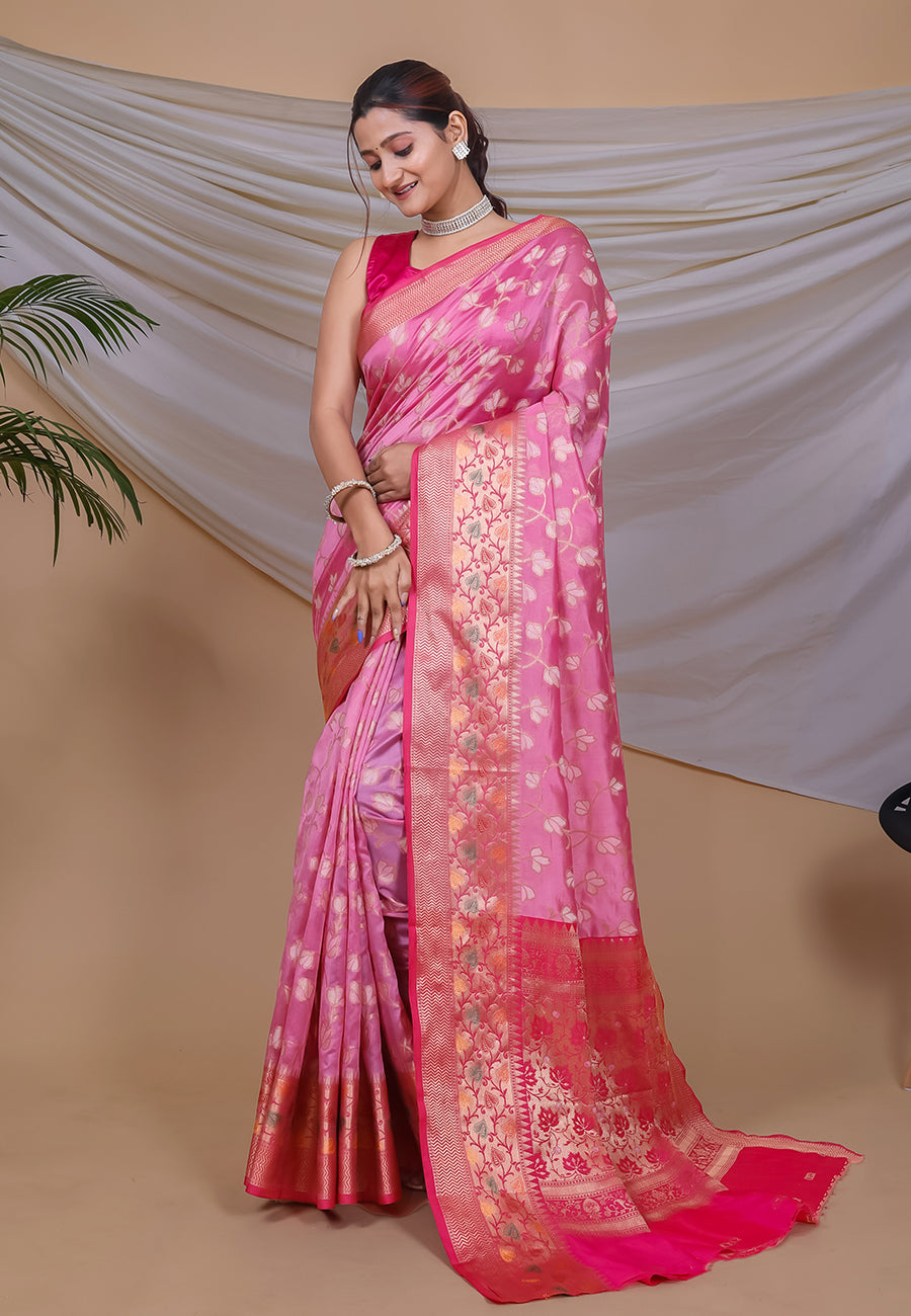 Baby Pink Ekta Banarasi Organza Ethnic Motif Zari Woven Saree