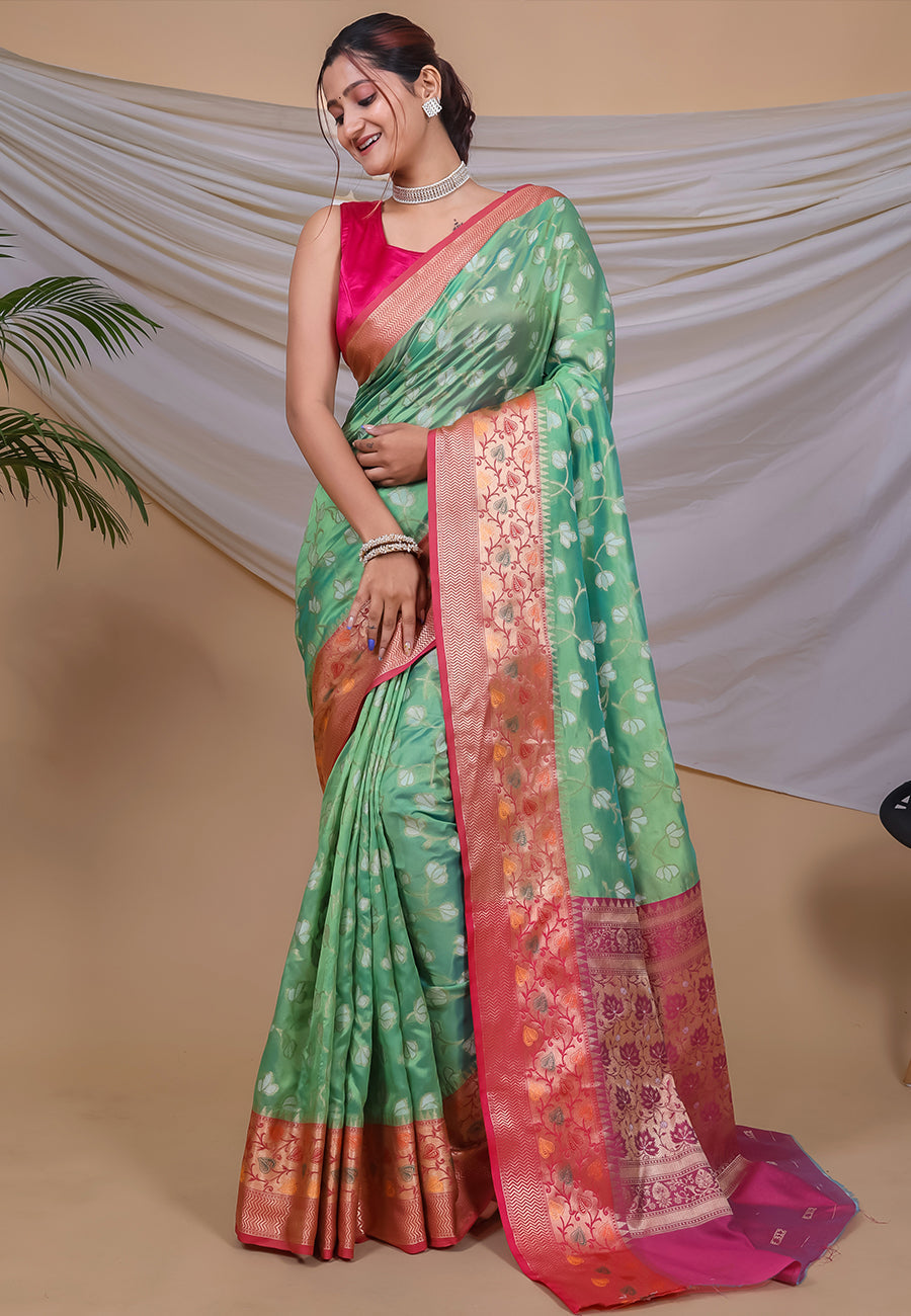 Green Ekta Banarasi Organza Ethnic Motif Zari Woven Saree