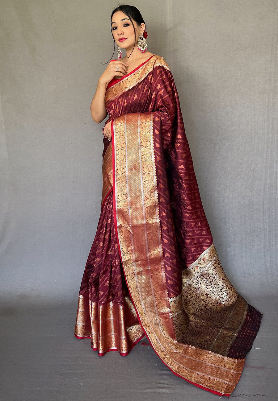 Brown Aanchal Banarasi Silk Leheriya Copper Zari Woven Saree