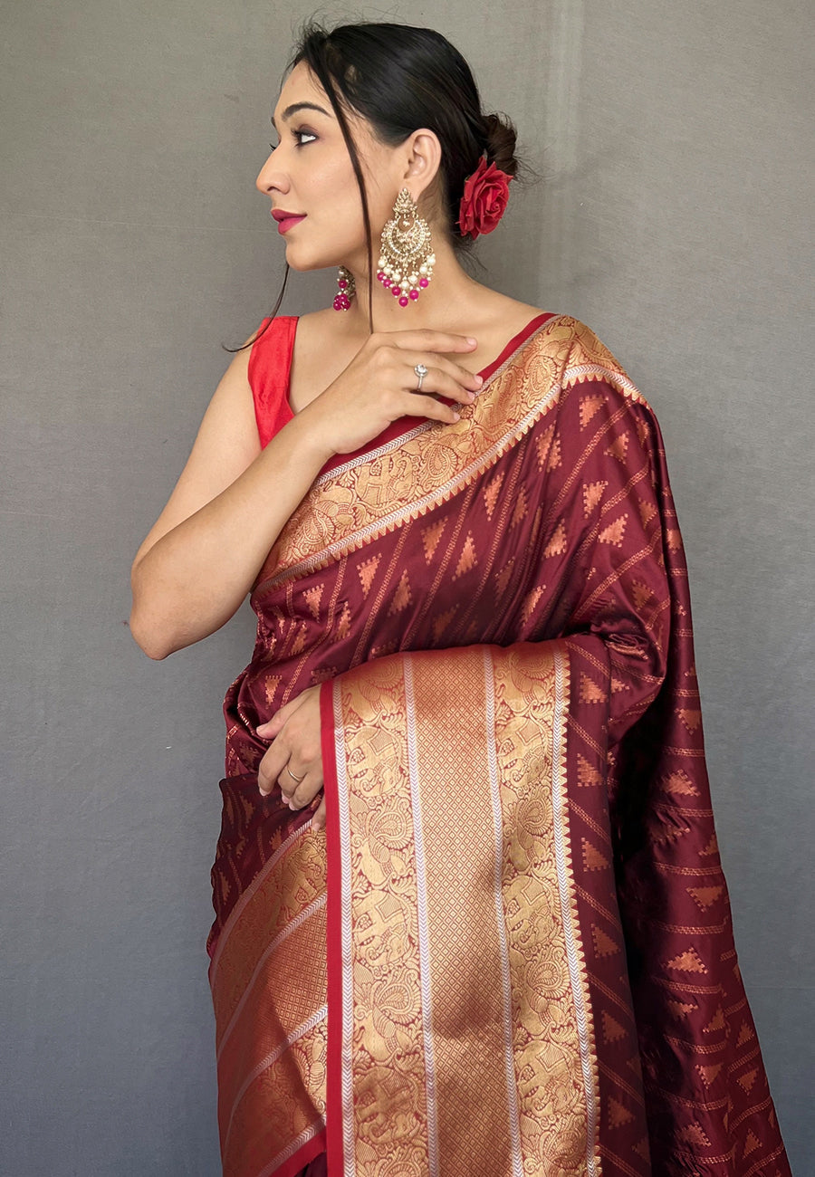 Brown Aanchal Banarasi Silk Leheriya Copper Zari Woven Saree