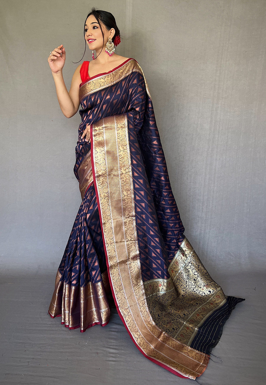 Navy Blue Aanchal Banarasi Silk Leheriya Copper Zari Woven Saree