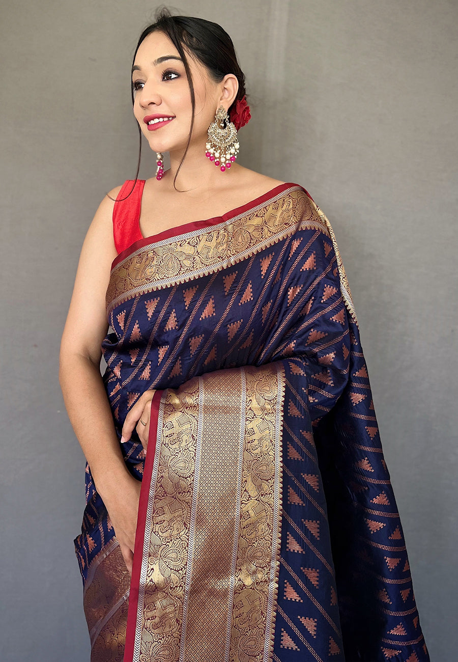 Navy Blue Aanchal Banarasi Silk Leheriya Copper Zari Woven Saree