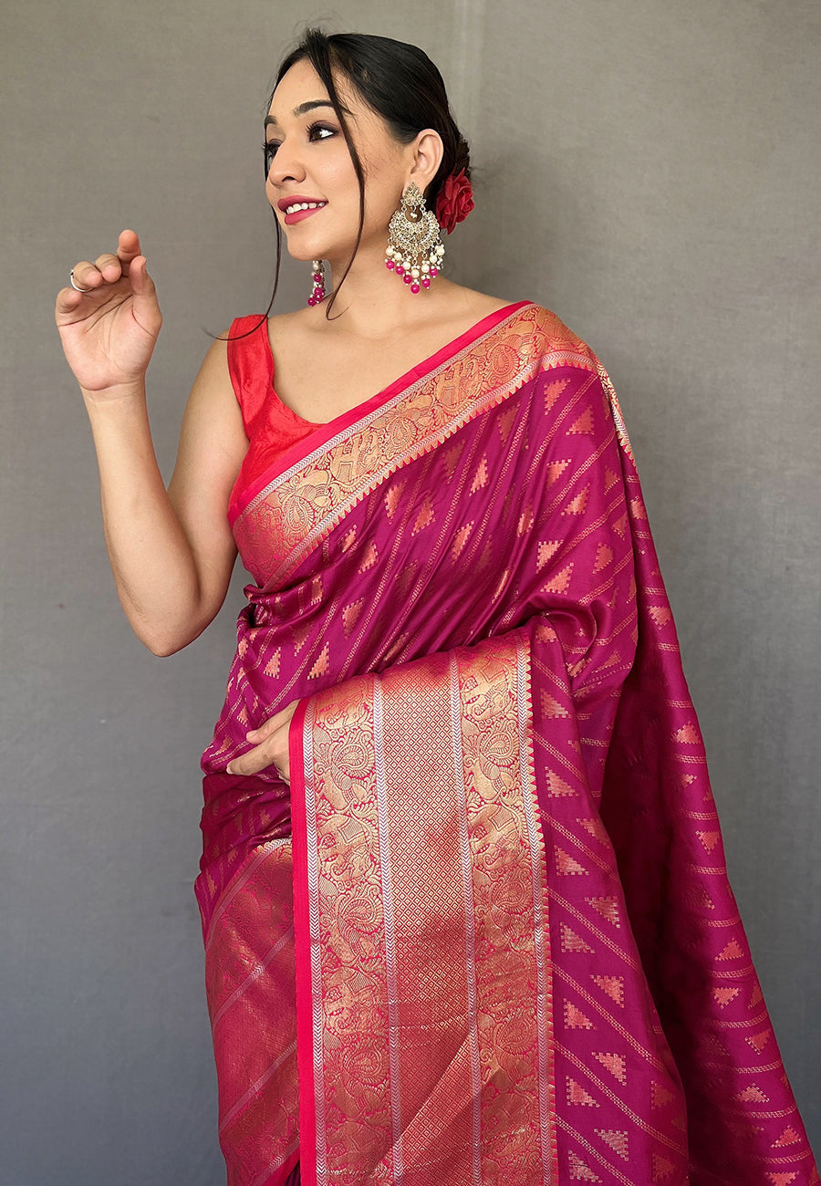 Pink Aanchal Banarasi Silk Leheriya Copper Zari Woven Saree