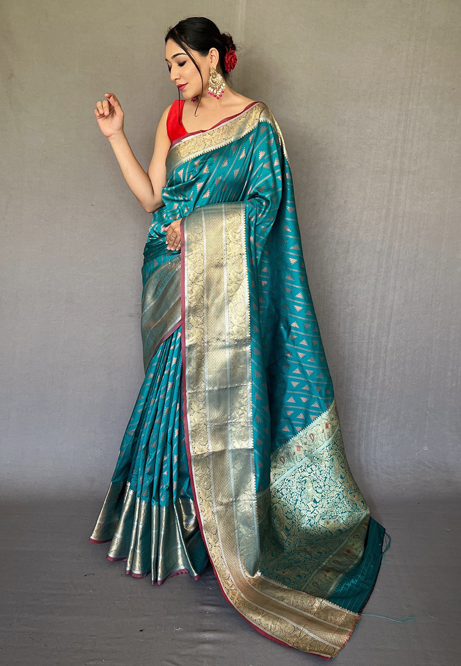 Sea Green Aanchal Banarasi Silk Leheriya Copper Zari Woven Saree