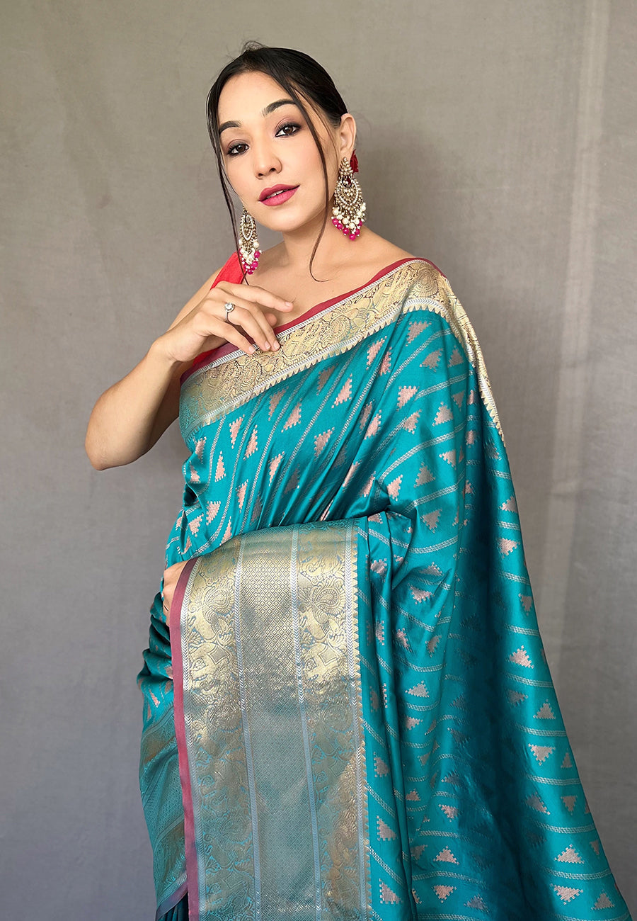 Sea Green Aanchal Banarasi Silk Leheriya Copper Zari Woven Saree