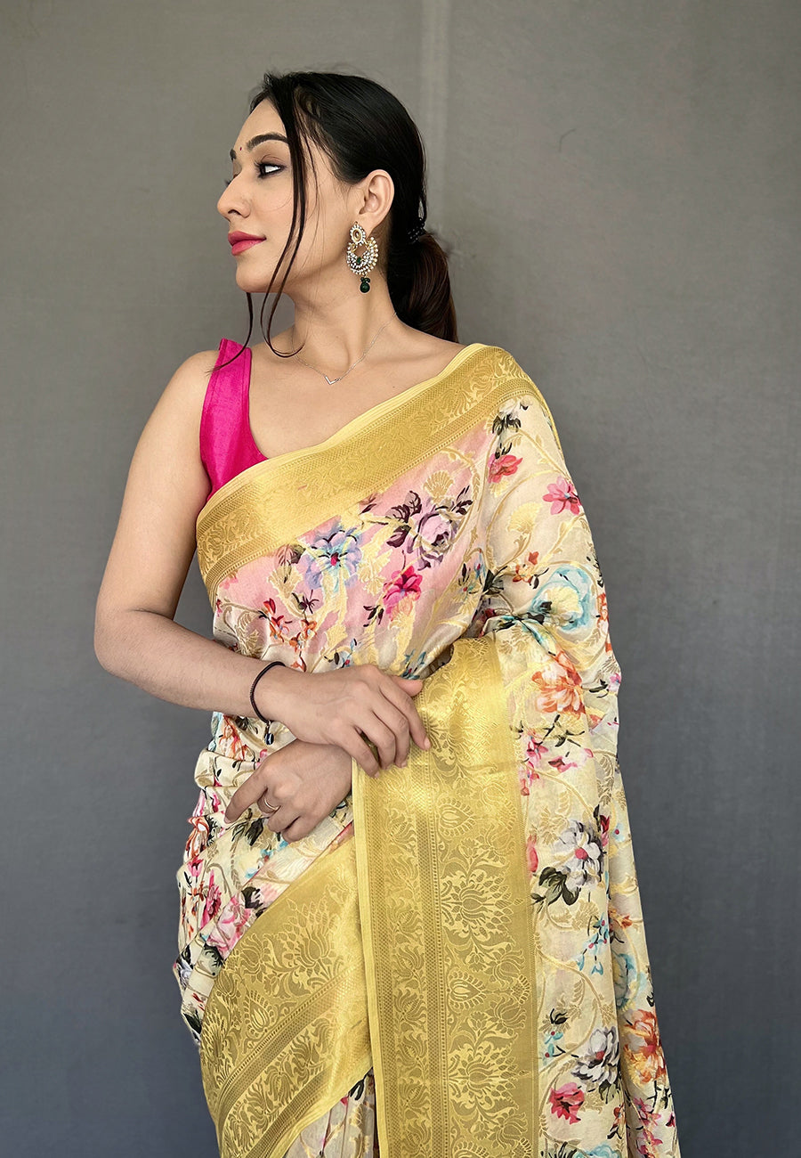 White Yellow Banarasi Kora Organza Anokhi Digital Vol. 3 Printed Woven Saree