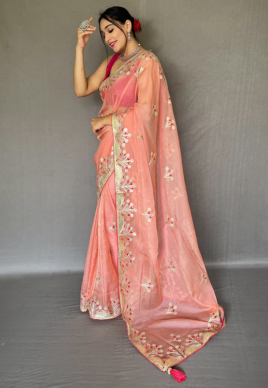 Coral Pink Deepanjali Organza Shimmer Embroidered Saree