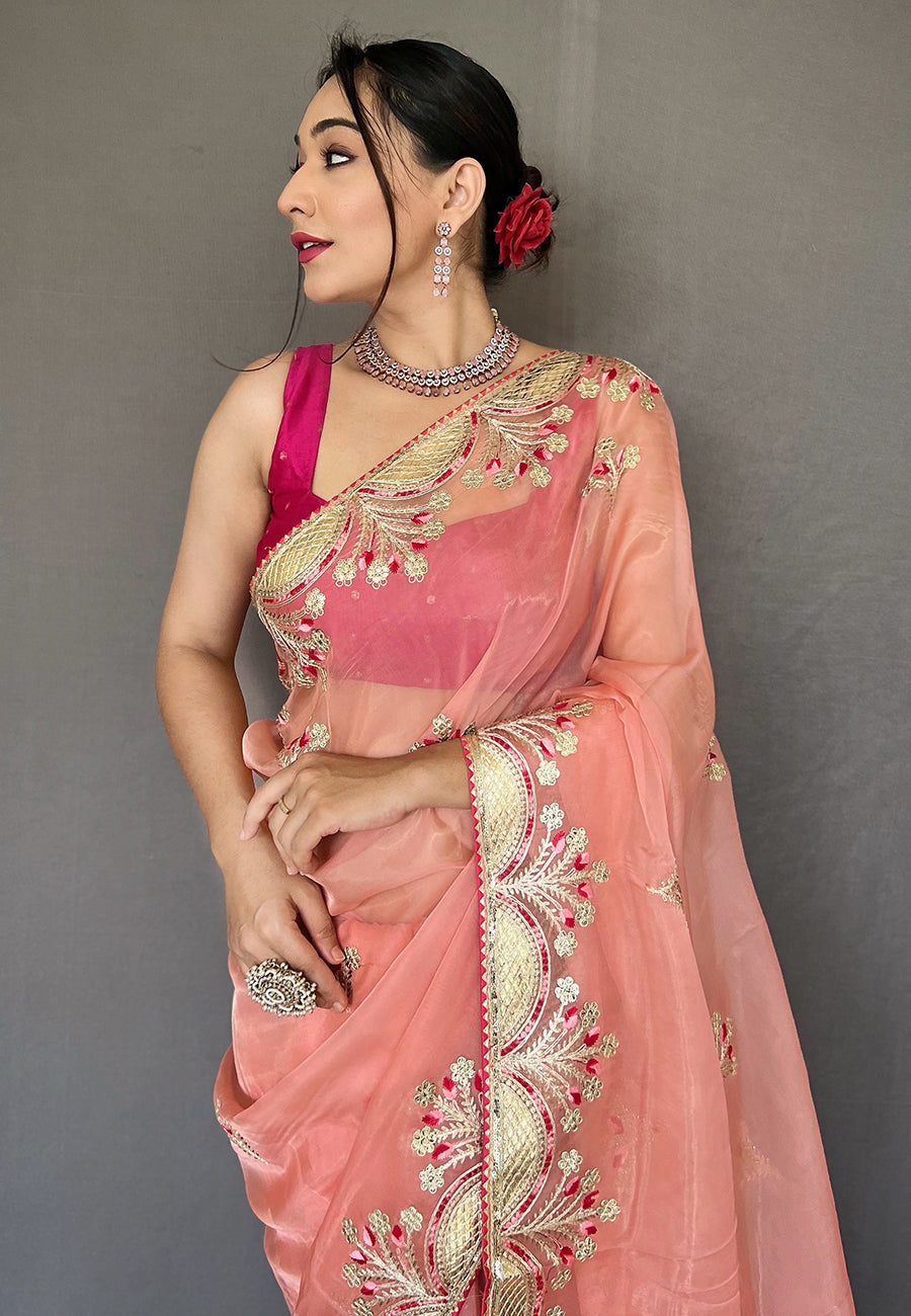 Coral Pink Deepanjali Organza Shimmer Embroidered Saree