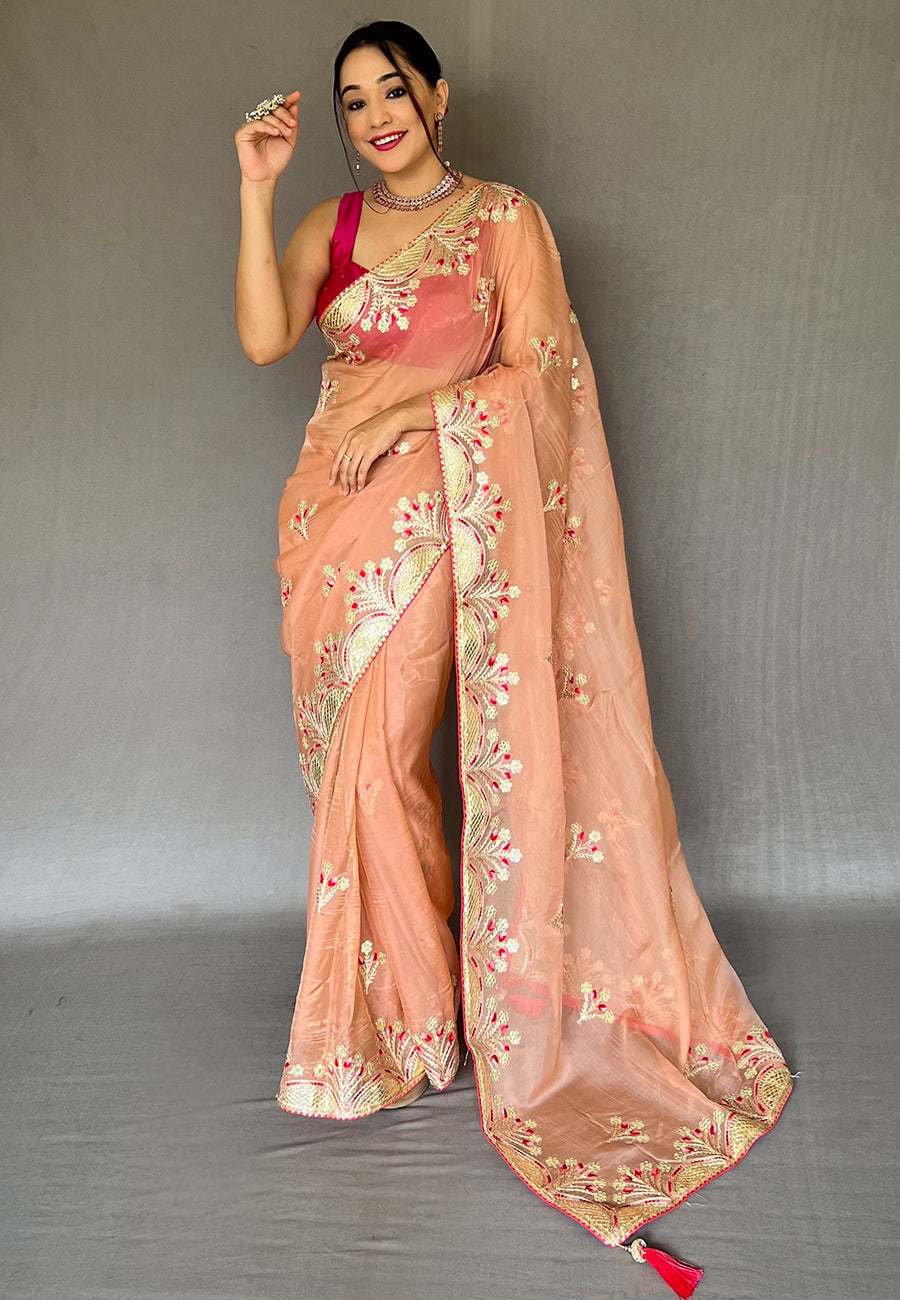 Peach Deepanjali Organza Shimmer Embroidered Saree