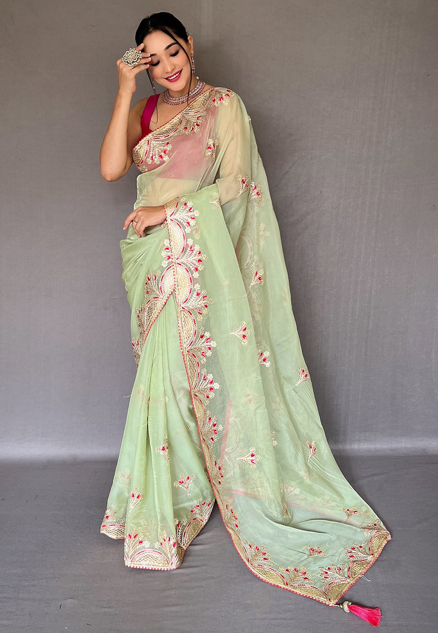 Green Deepanjali Organza Shimmer Embroidered Saree