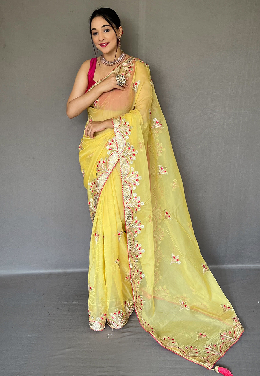 Yellow Deepanjali Organza Shimmer Embroidered Saree