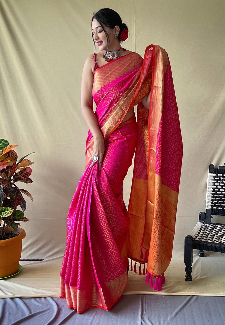 Pink Beautiful Bandhej Patola Meenakari Zari Woven Saree